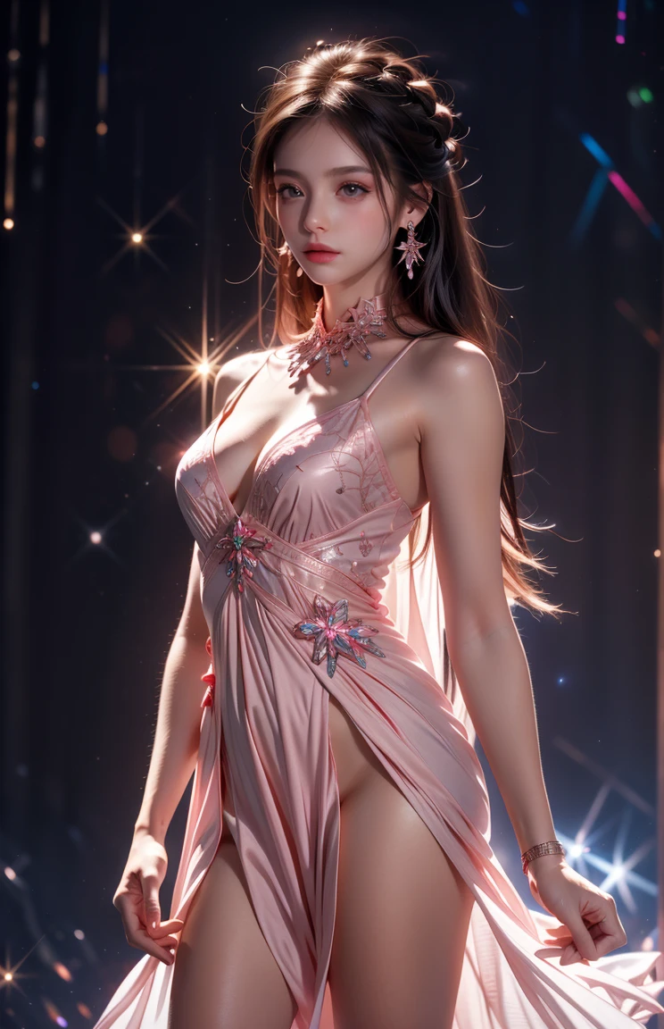 1 girl, solo, red hair, long hair, red lips, eyeliner, eyeshadow, make-up, light red eyes, white gown, midnight, town