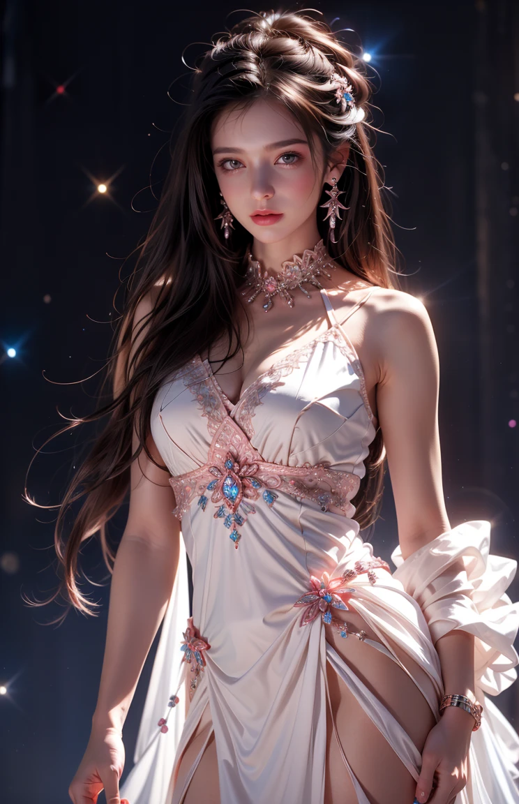 8K ultra hd, masterpiece,1 girl, ((realistic face)), detailed eyes, ((very long hair)), flowing hair, small breasts, royal dress, decorated dress, purple dress, anitque jwellery, detailed lacing, flowing cape, bare navel, moon light, amazing night outdoor, spot lights, glowing lights, depth of field, ray tracing, bloom, realistic shadow, tyndal effect, spreding, lights, looking at the audience, knee short,