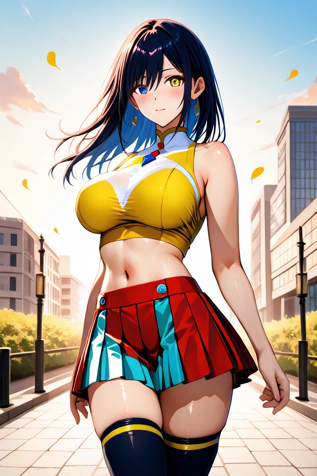  score_9, score_8_up, score_7_up, BREAK from side, ,macro shot,bulma, blue eyes, blue hair,bare shoulders, belt, cleavage, hair bobbles, hair ornament, hair over shoulder, (big breast),midriff, navel, one side up, red tube top, shorts, side ponytail, (strapless, tube top,under_boob:1.2),(arms up,arms behind back,contrapost,standing),
