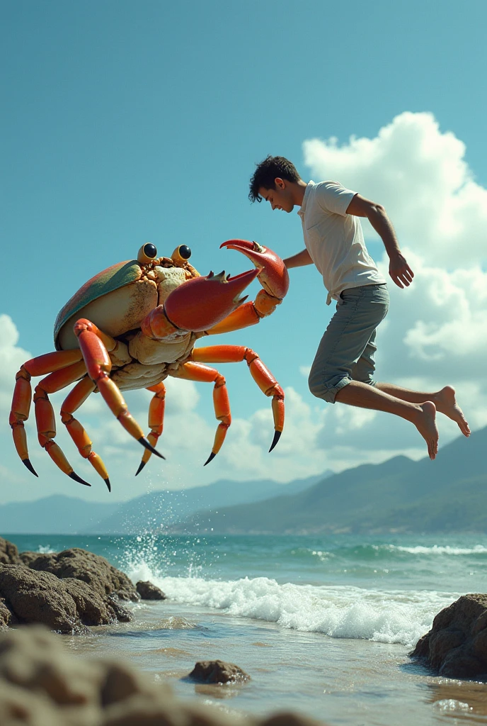 A boy resembling Freddy Mercury as a young 16-year-old wearing a gray sweatshirt, blue pants and blue shirt fighting against some giant shrimps 