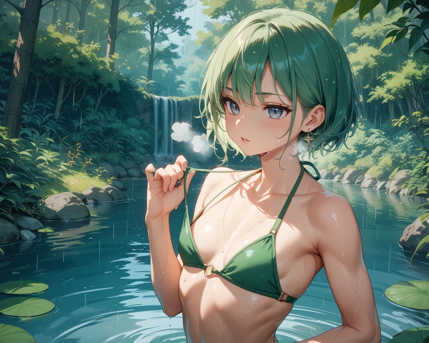Beautiful fece, masterpiece, top-quality, hiqcgbody, animesque, 1girl in, Medium chest,, portrait shot, Look at viewers,,Southland,hot onsen ((A dark-haired)),Medium Hair,wetted skin, intricate detailes、Very pretty girl、Kawaii Girl、Bath naked、green colored hair、
