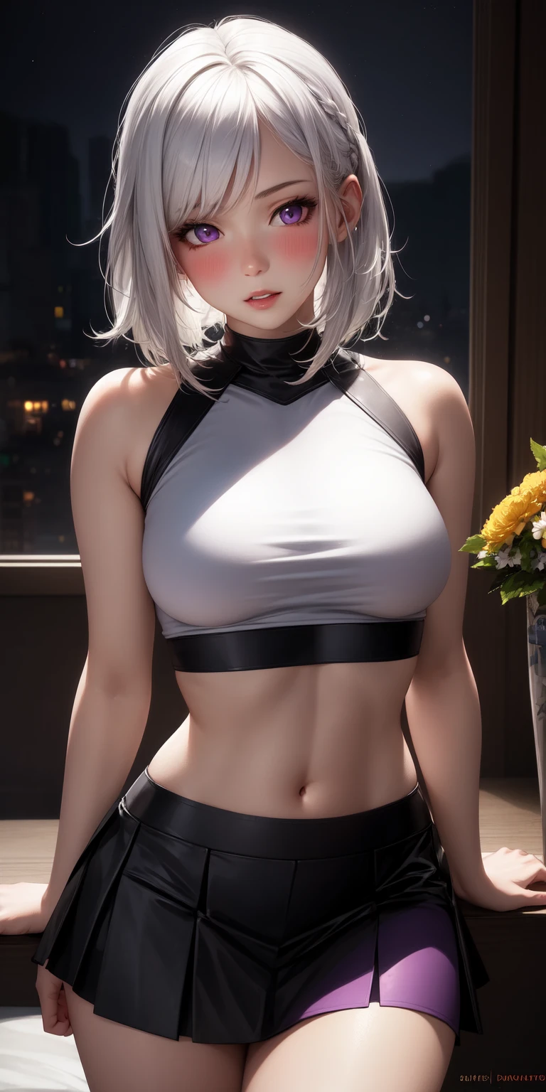 realistic, 1girl, white hair, purple eyes, glowing eyes, crop top, skirt, parted lips, blush, night, flowers, sun, sunlight,