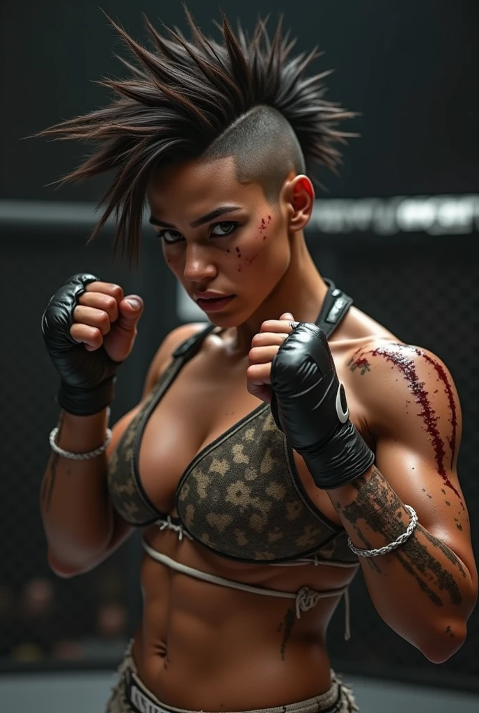 (Beautiful, Masterpiece), ((Picture 30 year old beautiful russian woman Anastasia with a short black punk mohawk hairstyle and body tattoos, she looks like she is about to kill her opponent, she is wearing dark blue boxing gloves and tight black gym shorts), ((topless, breasts exposed, NSFW)), (sweaty:1.2, MMA octagon), muscular body, fitness model body, ((full body))