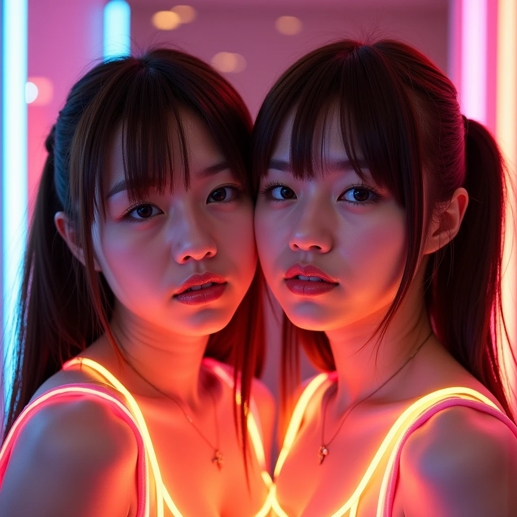 (dim Lighting), ConceptArt (High-level UltraDetailed CommercialPhoto), 8K Masterpiece TopQuality, beautiful aesthetic deep shadow dark theme, (Studio Dark Background), (Acutance:0.8), (2girls in RED Tube-Top dress Kissing face to face, Against the Nipples to Nipples Pressing hard), glowing body in dark, RED Beltbra, Girls wrapped neon Belt on body, Overflowing Sideboob, Assfocus RoundlyButts ThighGap,
