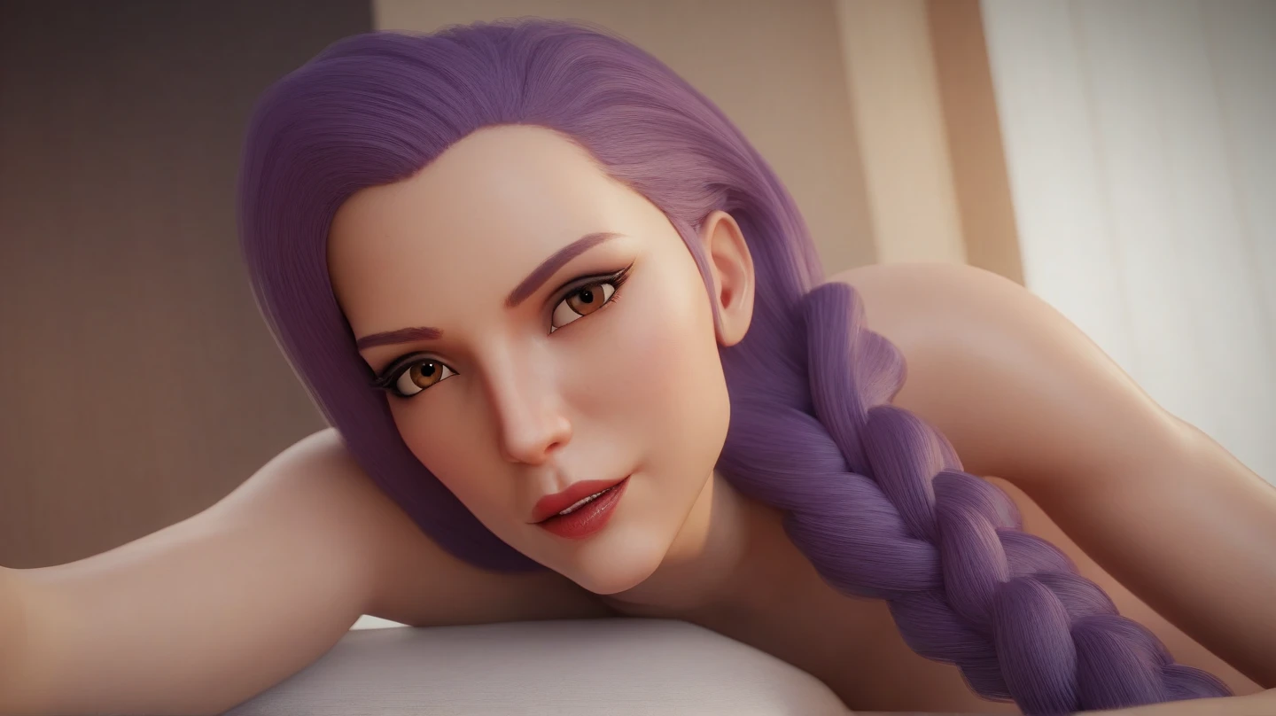 score_9_up, score_8_up, score_7_up, 1girl, solo, mature female, mei mei, looking at viewer, white hair, braid, hair over one eye, half closed eye, braided ponytail, braided bangs, purple eye, red lips, parted lips, naughty smile,((yacht cabin)), night time, nude tits, in the bed, standing on all fours with spread legs, (((having sex in doggystyle position)))(((perfect vagina penetration)))