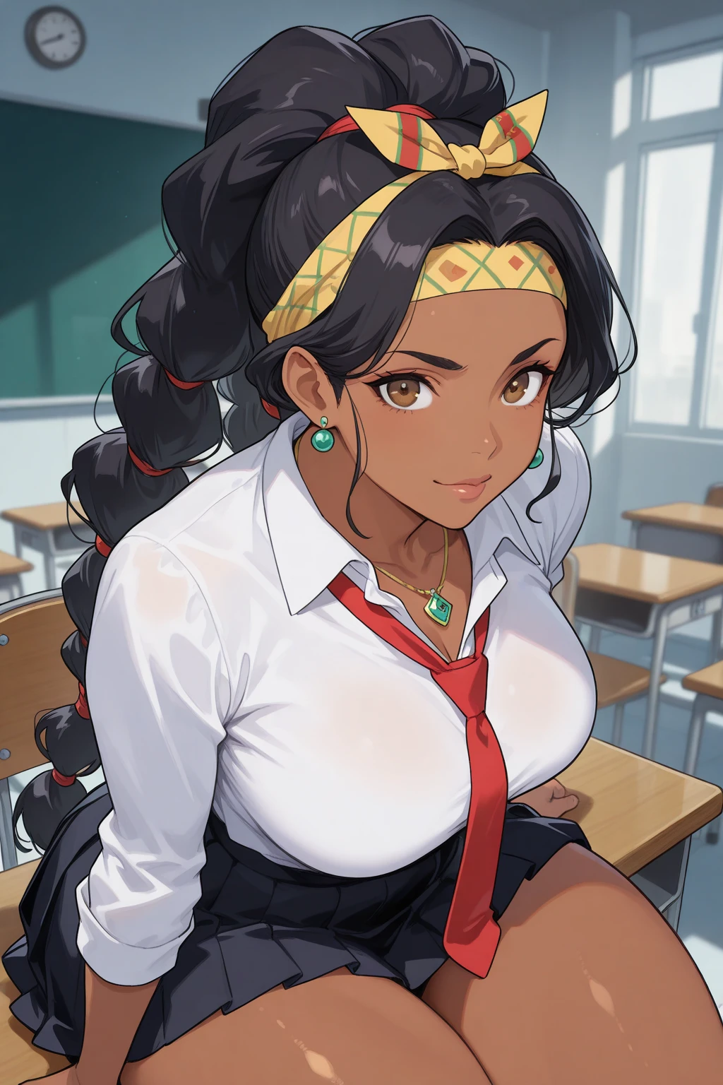 (masterpiece:1.2, best quality), 1lady Storm solo, , classroom, day, sit, white, twintails, white eyes, open collabone, darkskin, (huge open breasts:1.1),