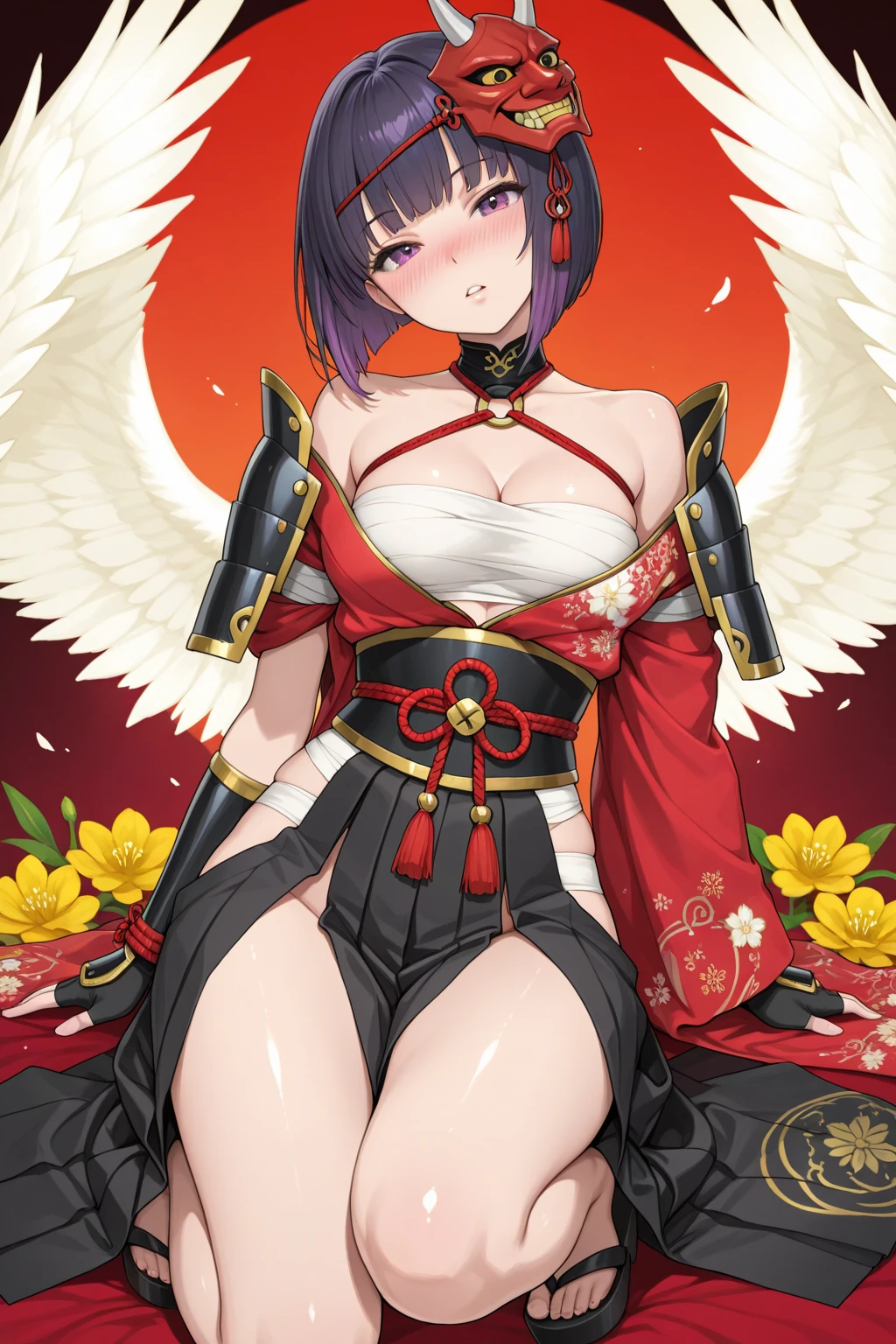 (Best quality:1.4), 8K resolution, high resolution, 1womanl, Beautiful woman, The best beauty, bangs, black hair, black wings, blunt bangs, feathered wings, hair ornament, hand fan, hat, hauchiwa, large breasts, lips, long hair, looking at viewer, mole under mouth, nipples, ass, thick thighs, the woman is opens her kimono with naked and walking with her large breasts exposed, black kimono, furisode, black, off shoulder, yellow obi, (sexy micro pants:1.4), nyotengu, pom pom \(clothes\), purple eyes, solo, tengu, tokin hat, wings, (masterpiece:1.4), shiny skin), steaming body, fullbody, from below