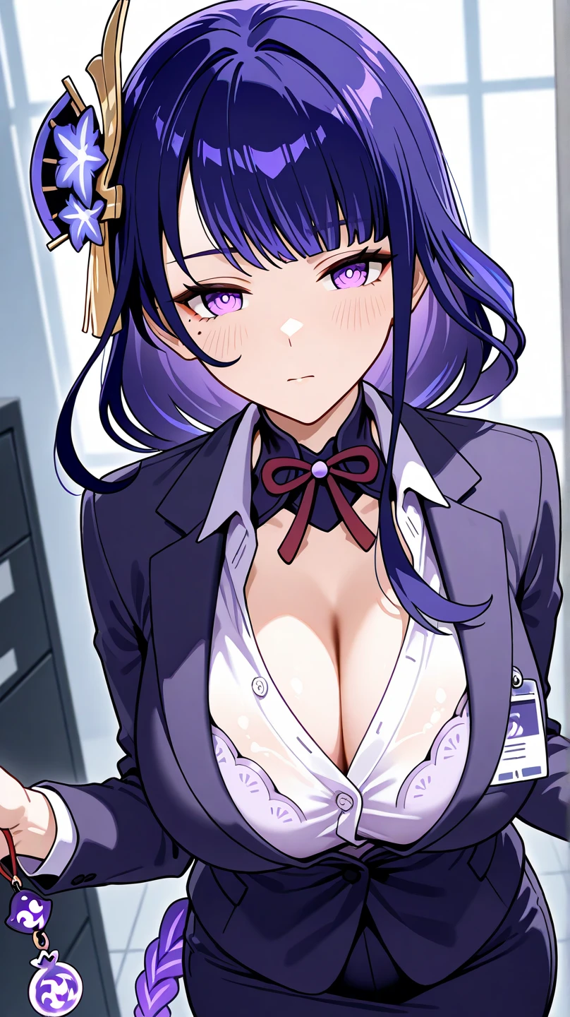 1girl, shion \(tensei shitara slime datta ken\), tensei shitara slime datta ken,One black horn growing out of the forehead,purple hair,pony tail,A purple blazer with a green collar,longsleeve,cleavage,purple pants suit,room,smile,confident,masterpiece, best quality, absurdres,