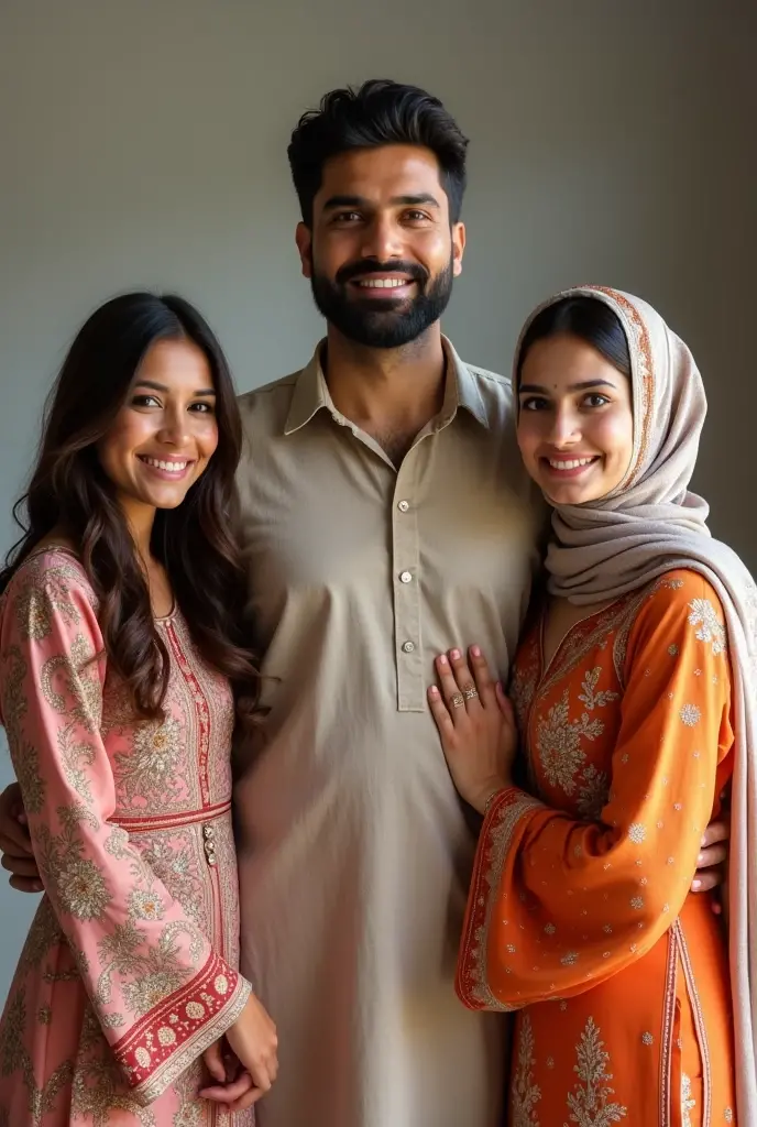 two pakistani women with a pakistani man, man standing in middle and one woman standing on right with hijab and second woman standing on left with a pakistani dress, all smiling, picture taken by iphone pro 15 camera, all extremely beautiful 