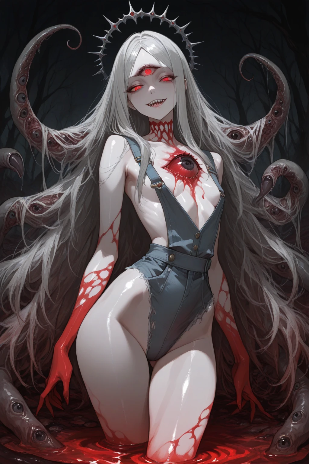 Masterpiece, Hyper detailed, Best quality, UHD, Ultra high resolution, (16K), (((Watercolor))), ((anatomically correct)), 1 woman, Horror smile Expression, ((Hyper detailed Blood dress, ribcage, skeleton, eye on stomach)), Beautiful face, Busty, Curvy, (Hyper detailed eyes, Red eyes), Longeyelashes, Jewellery, Makeup, Facepaint, Horns, ((Long Hair, White Hair, straight hair)), {{{Dark Lighting}}}, ((Horror setting, Gore, blood splatter, Blood)), AGGA_ST009,