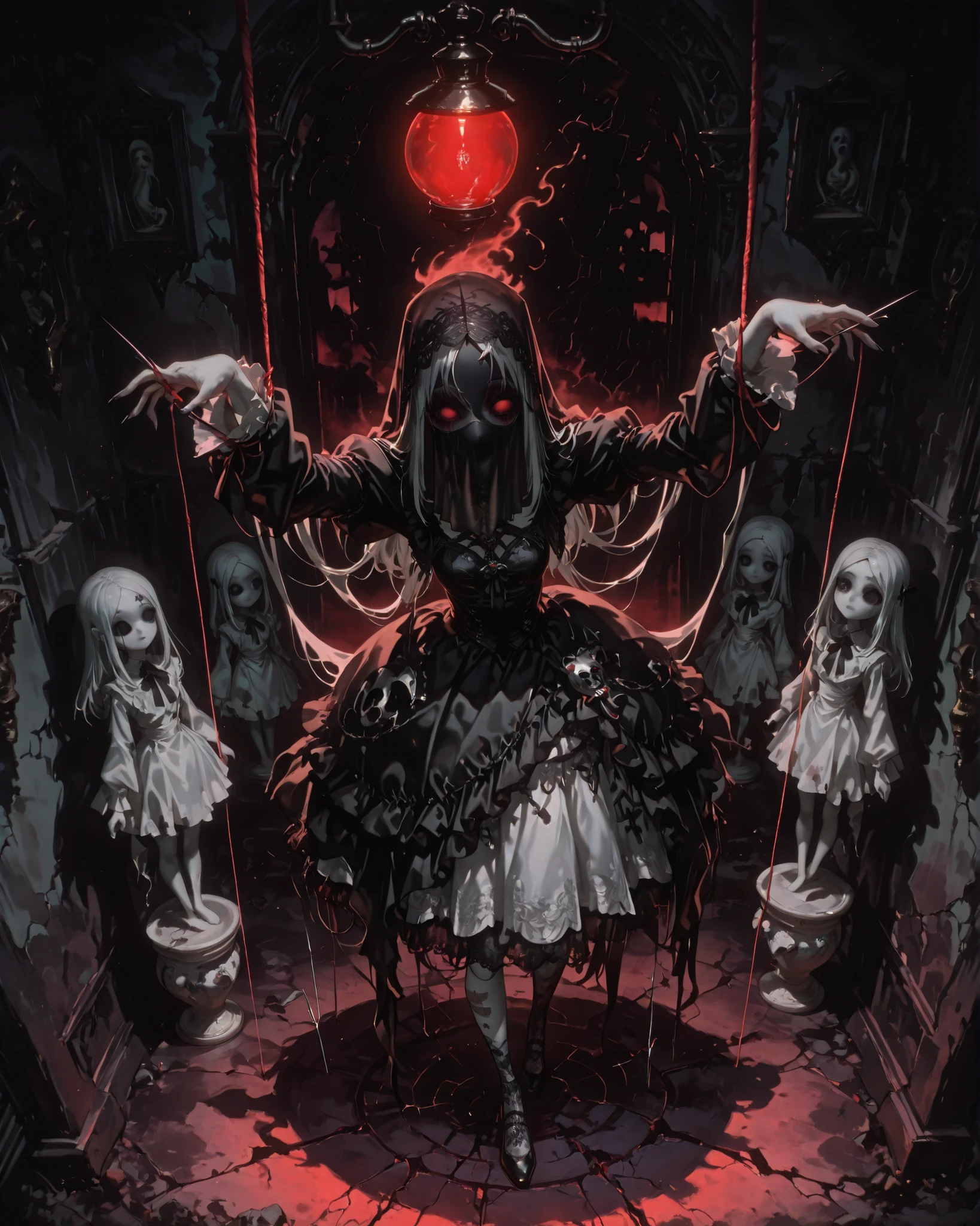 High-angle shot, full body (masterpiece, 4k, detailed image), {1girl}: (small, child-sized ghostly figure, appearing to be 6-8 years old, with a creepy porcelain doll face, wearing a delicate yet disturbing funeral veil and a tattered, layered dress made of faded lace and gauze, floating slightly above the ground with an ethereal presence, tiny hands with sharp, floating sewing needles orbiting them, long sleeves trailing along the ground like shadowy threads, empty eye sockets or subtle glazed eyes behind the mask, ghostly pale skin with cracks like porcelain, her silhouette is small and unsettling, hanging upside down from a dimly lit streetlight), soft ambient lighting with dramatic shadows (broken dreamworld background, high level of detail, cinematic gothic horror atmosphere)