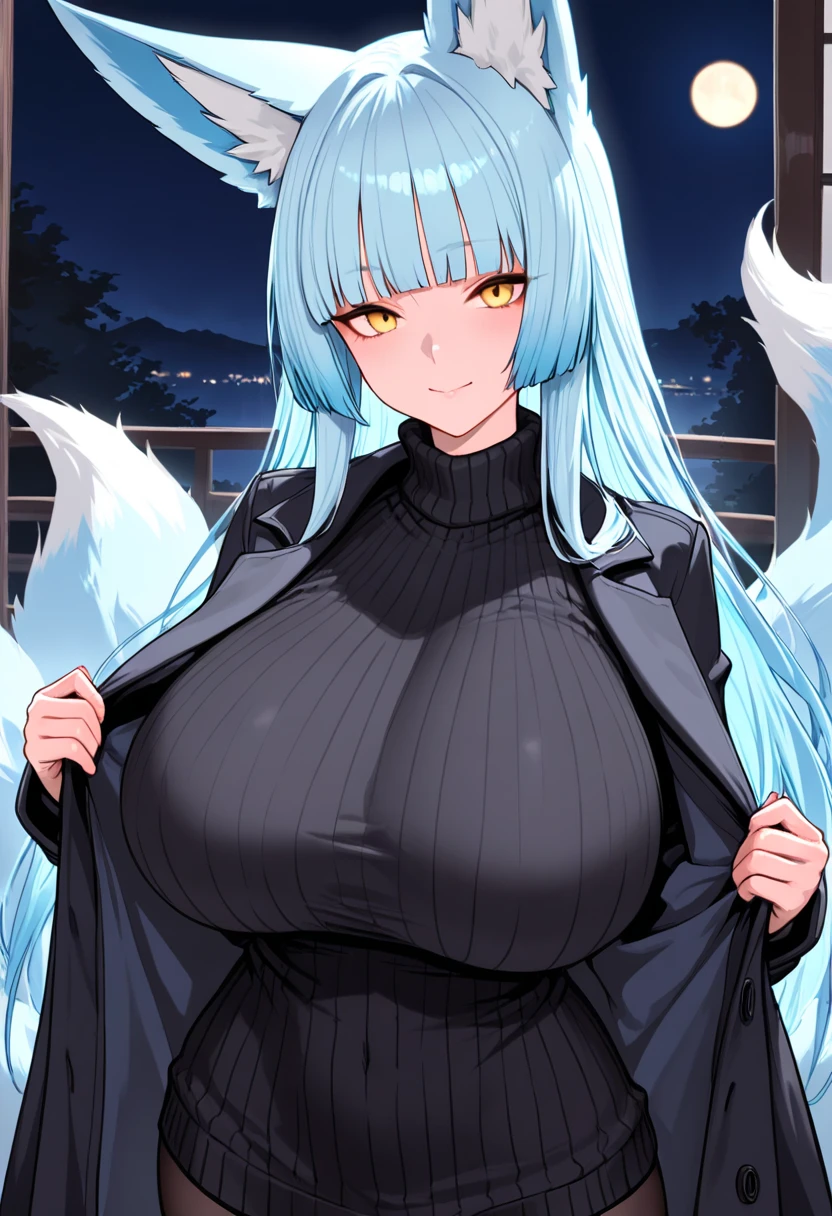 Long Hair, Light Blue Hair, Yellow Eyes, Heart pupils, Fox Ears, 9 Tails, Big Boobs, Wearing Hoodie, Long Stocking, Nighttime, Wearing Black Gloves, Inside a house, licking own lips,  showing