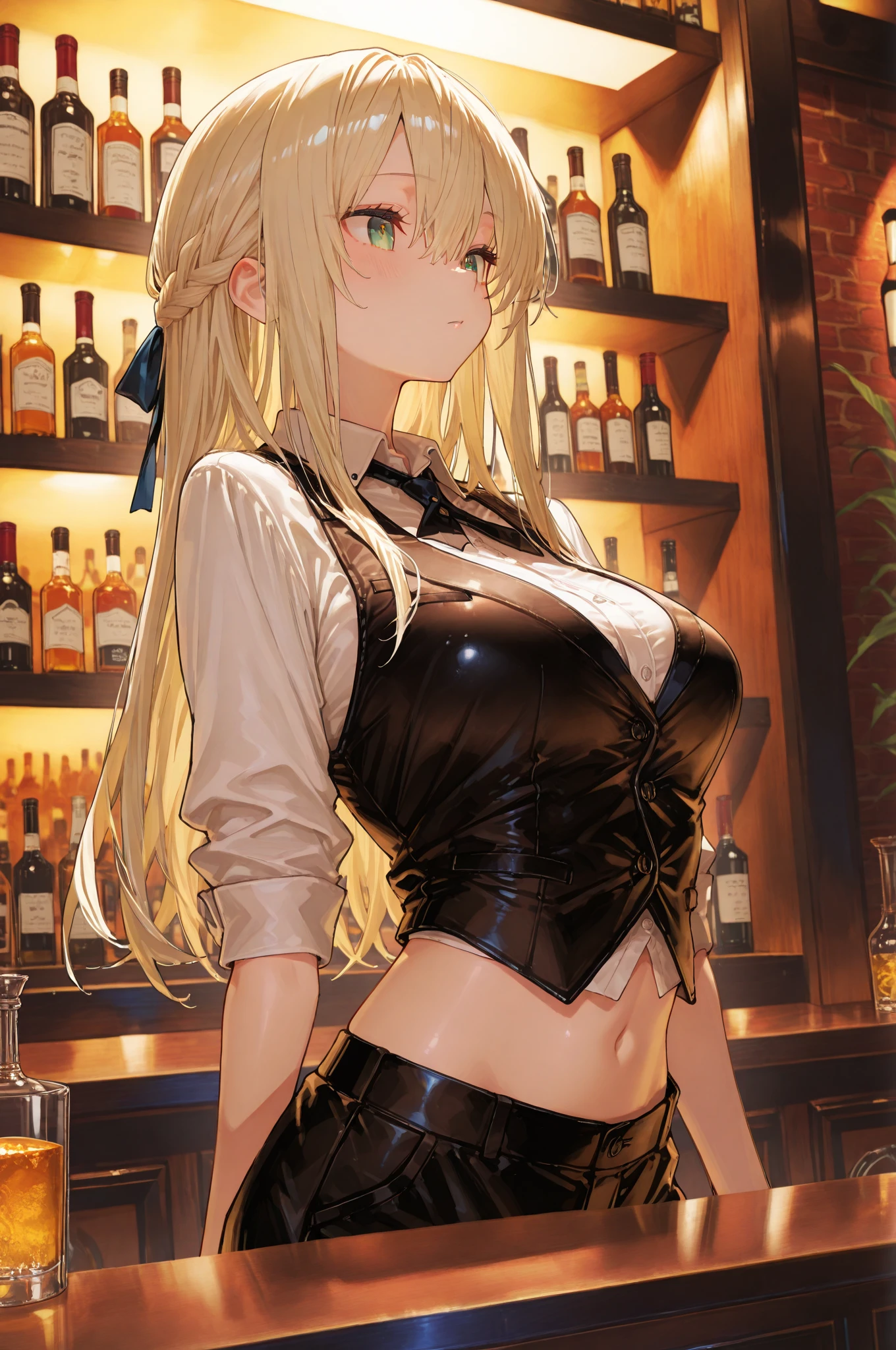 最high quality、best image quality、masterpiece、teenage girl((20-year-old、 By becoming、vest bust、medium bust,wide open breast tea、shining eyes, blonde hair、long hair、thin,highest valley、ponytail、Bartender costumes、mini skirt、holding a wine bottle、random pose、black gloves)),high quality、beautiful art、background((night bar))debris flies、Depth of written boundary、movie、visual art、perfect art、8k,genuine、