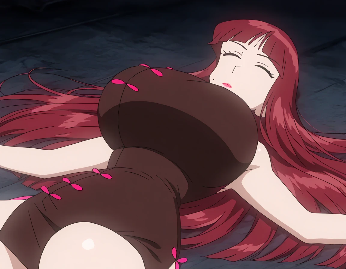 (Extremely detailed CG unity 4k wallpaper), (masterpiece), (Best Quality), (ultra detailed) ,(best illustration), (best shadow), (absurdities), (detailed background), Mio Naruse, 1 girl, old, bare shoulders, breasts, neckline, demon girl, breasts grandes, by the wide, Red eyes, Red hair, Alone, towel
