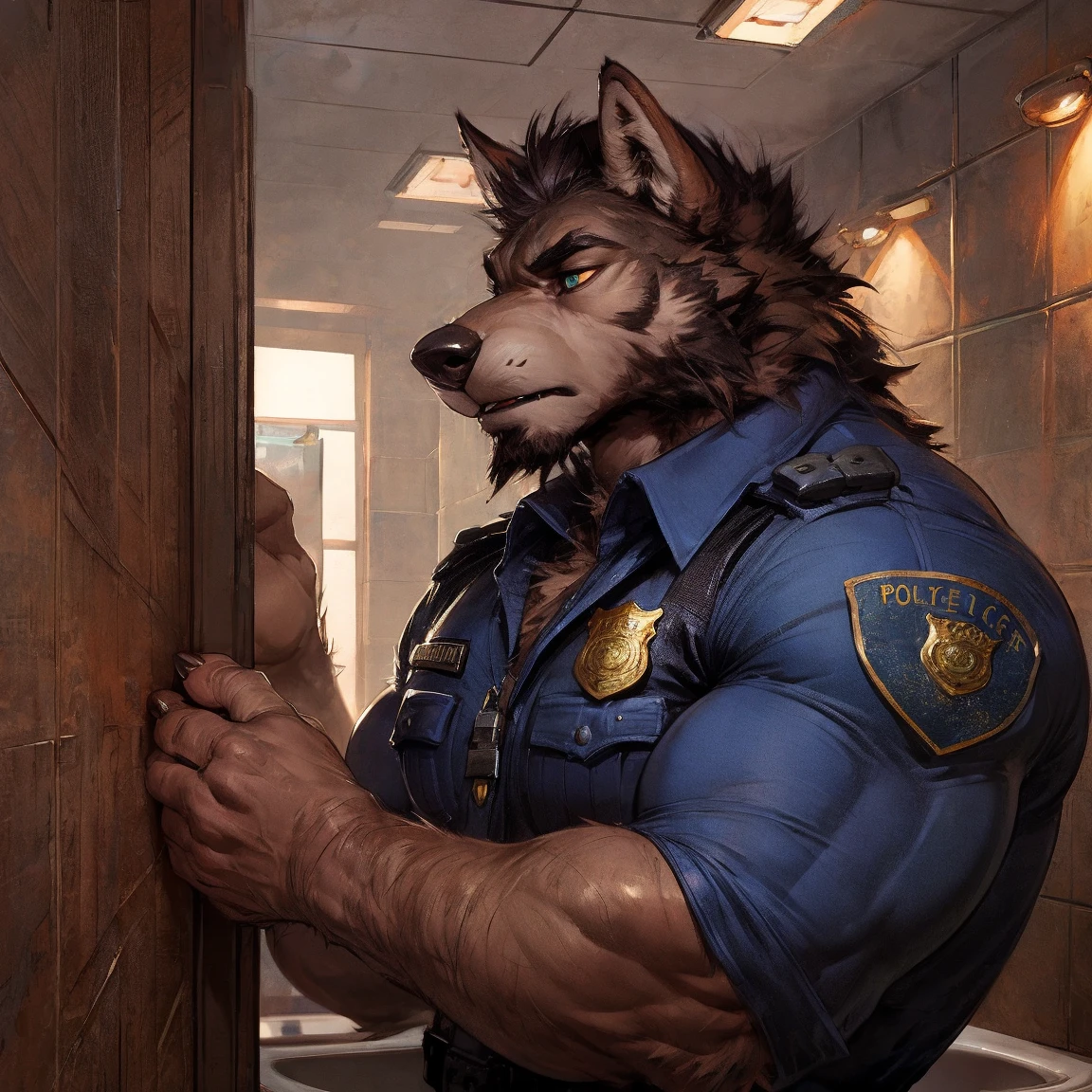 (1 gay wolf, (black wolf)),by chunie,by WagnerMutt,canine  similar to Furry,very intimidating appearance,looking at viewer,biceps,muscular pecs,detailed eyes,large muscular chest, detailed hands),young teens,red eyes,completely ,police officer, by alfa, police uniform ,huge excited , huge , pre-,big fluffy furry tail, expression of happiness, flushed face,angle seen from the coast, big pert ass,  ,intimidating appearance, full body,background image of police station, drinking coffee, sitting on chair.(maximum detail , Backlit, 4K)