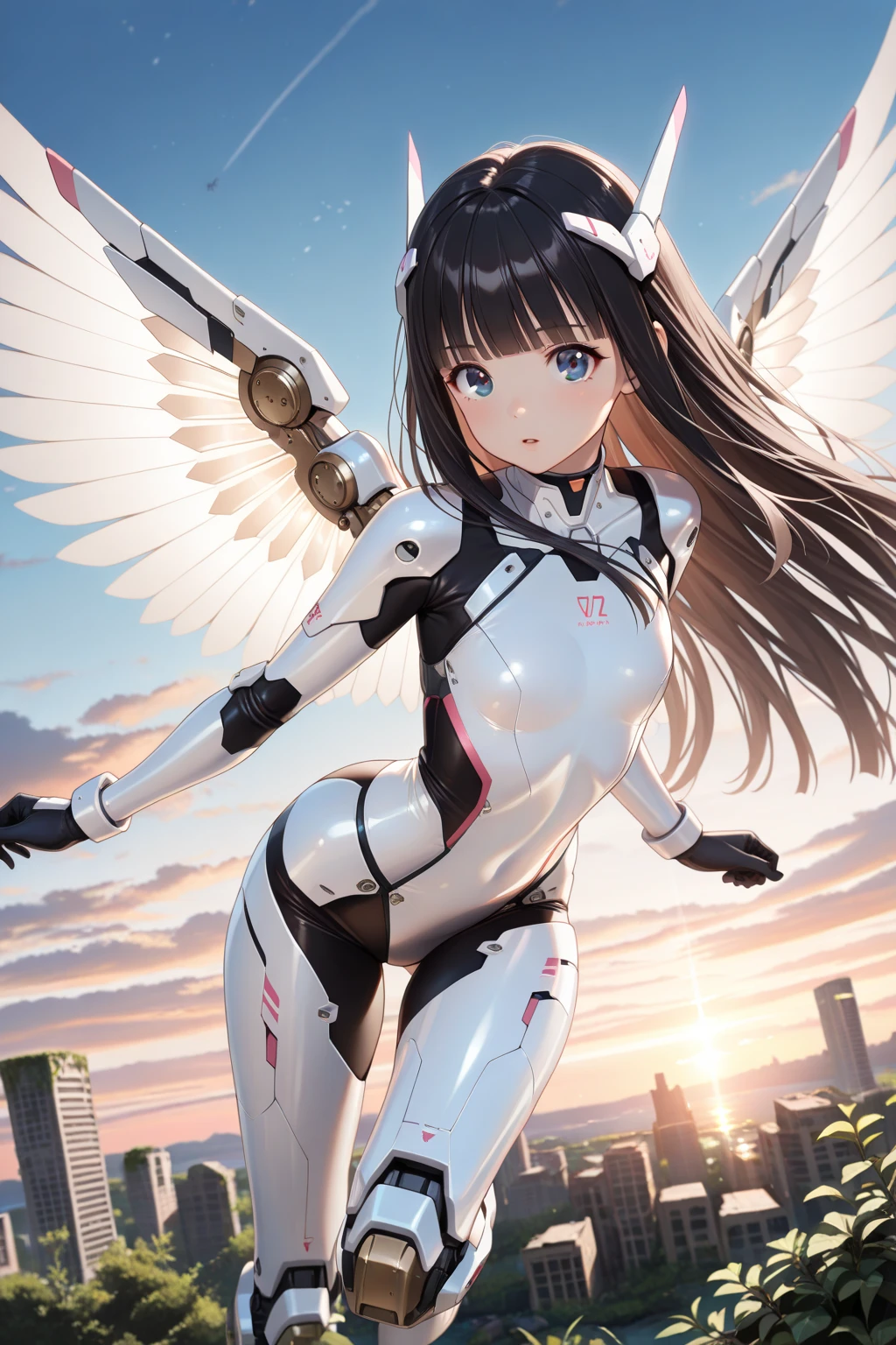 1girl、Black hair, red eyes,Leotards, earth, clear vinyl dresses, wariza、mechanical wings,android, joints, robot joints、deep faint light 、 detailed CG、high resolution