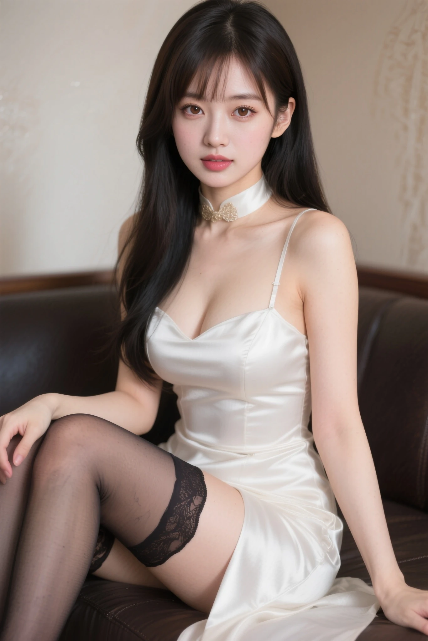 (((masterpiece))), (((highest quality: 1.4))), ((Very detailed: 1.4)) , ((Full Body Shot:1.2)), (Shooting from the side), Sitting on the floor、 (See through:1.3), ((One Woman)), Incredible beauty、Plump Mature Woman、((choker、off shoulder lace dress、Ultra-realistic shiny black pantyhose))、 Perfect look,double eyelidの目,Delicate makeup,Cool Beauty, Accurately expresses the fine details of the face and skin texture,(The most beautiful face and eyes), double eyelid,Delicate skin,