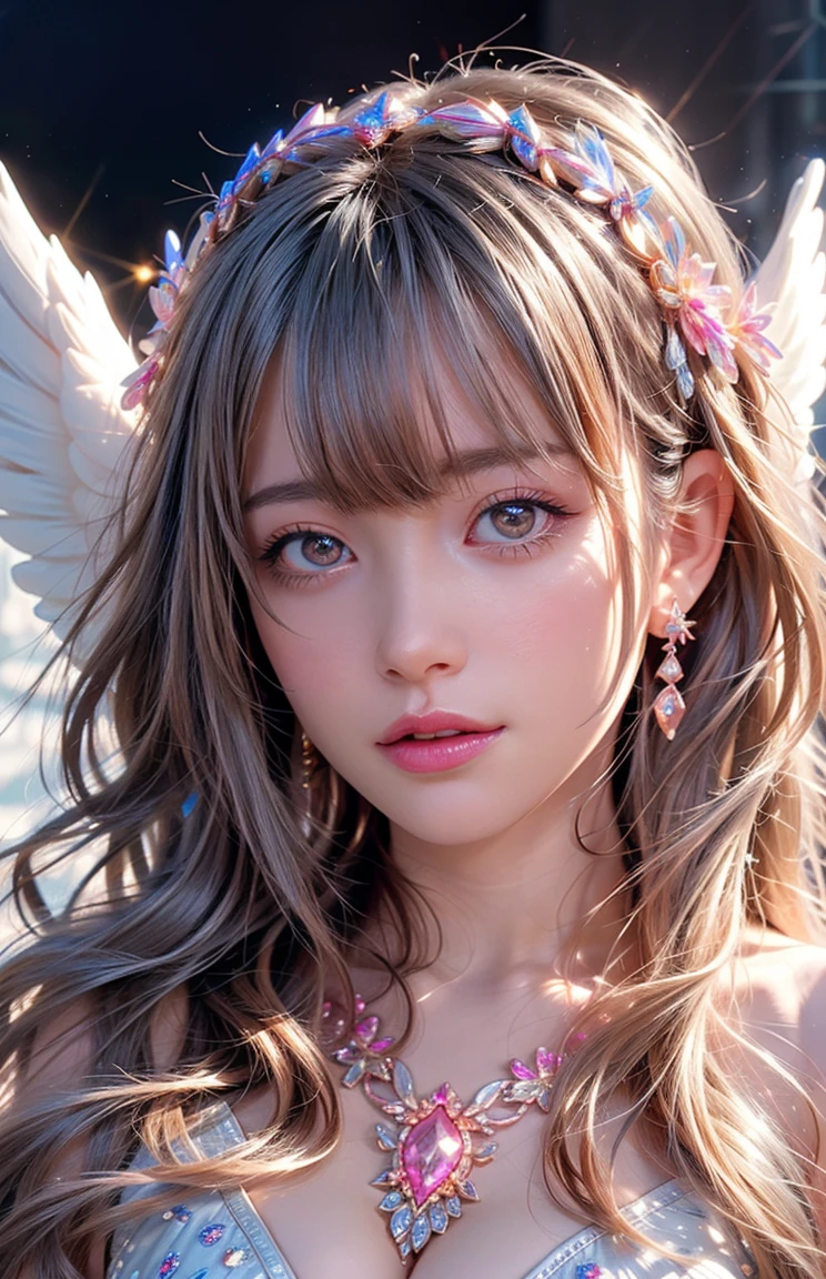 , 8k, High-level, absurd, masterpiece, best quality, primitive, very detailed CG, very detailed wallpaper, perfect lighting, Extremely detailed (((The personifying " Fairy " as a Little Girl))), MysticSight, Tyndall effect, Tyndall scattering, Studio gray background with (many Dazzling RainbowColor particles BokeH:1.28), (RoundlyButts, ThighGap), (:0.4), ( with looking ahead), BREAK (NOGIZAKA face variations) Extremely Detailed very KAWAII face variations, perfect , Childish, captivating gaze, elaborate detailed Eyes with (sparkling highlights:1.28), long eyelashes、Glossy RED Lips with beautiful details, Coquettish tongue, Rosy cheeks, Radiant PearlSkin with clear transparency . { (Dynamic LifeLike expressions:1.4) | :d) }, (large eyes:-1) .