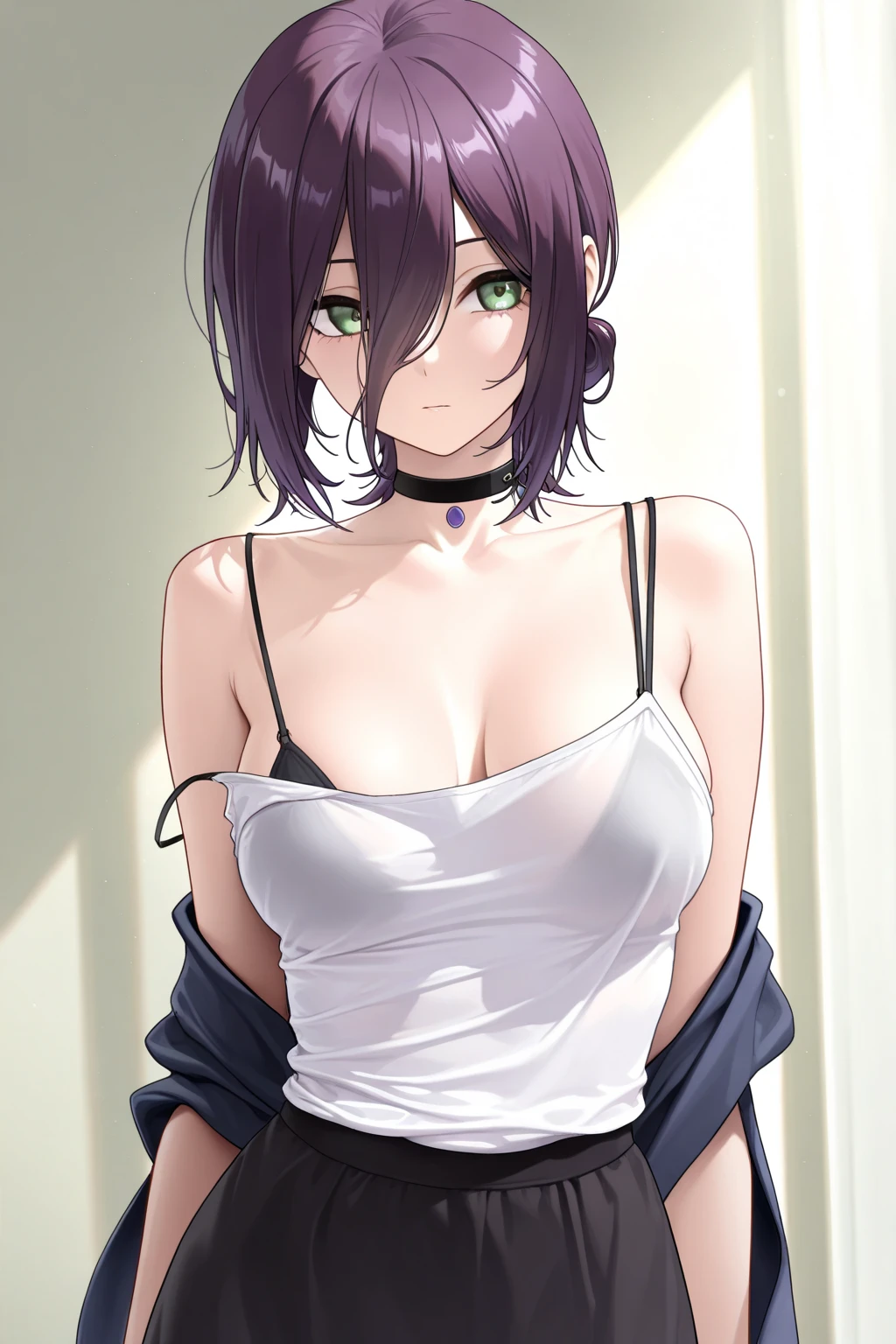 The painting style of Isamu&#39;s Vegetarianism, (score_9, score_8_superior, score_7_superior), (Highest quality, masterpiece),perfect aninomy,(beautiful,very beautiful),Official Style, (Ultra-high resolution), One girl, Tifa Lockhart, Final Fantasy,(Beautiful woman).puppet, Black Hair, Long hair tied low, Red eyes, bangs, White tank top,gap, belt, pleined skirt, Knee socks, Elbow fingerless gloves, Elbow pads, abdomen, belly button,Suspender skirt.zettai ryouiki ,(Front view),Straight,(big_chest:1.2),一人in,Medium Shot,Looking_in_Audience,Contrasting, Vibrant, Joyful,Cafe and Bar, ,Involved,(,Tank Top Lift),