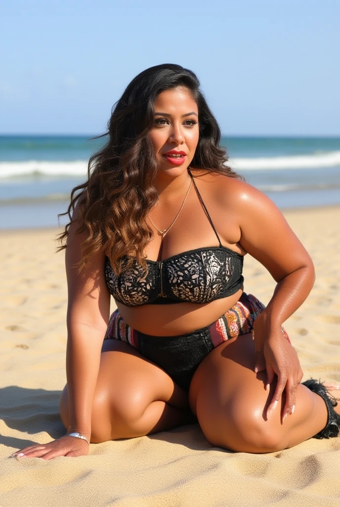 araffe woman in bikini sitting on a log on the beach, beautiful thick female, posando na praia, corpo grosso, Nicki Minaj cheio de curvas, Violeta Myers, coxas grossas, posando em uma praia com o oceano, tiro no meio do corpo, em uma praia ensolarada, na praia, jovem, em uma praia, Mulher de 30 anos de Cuba