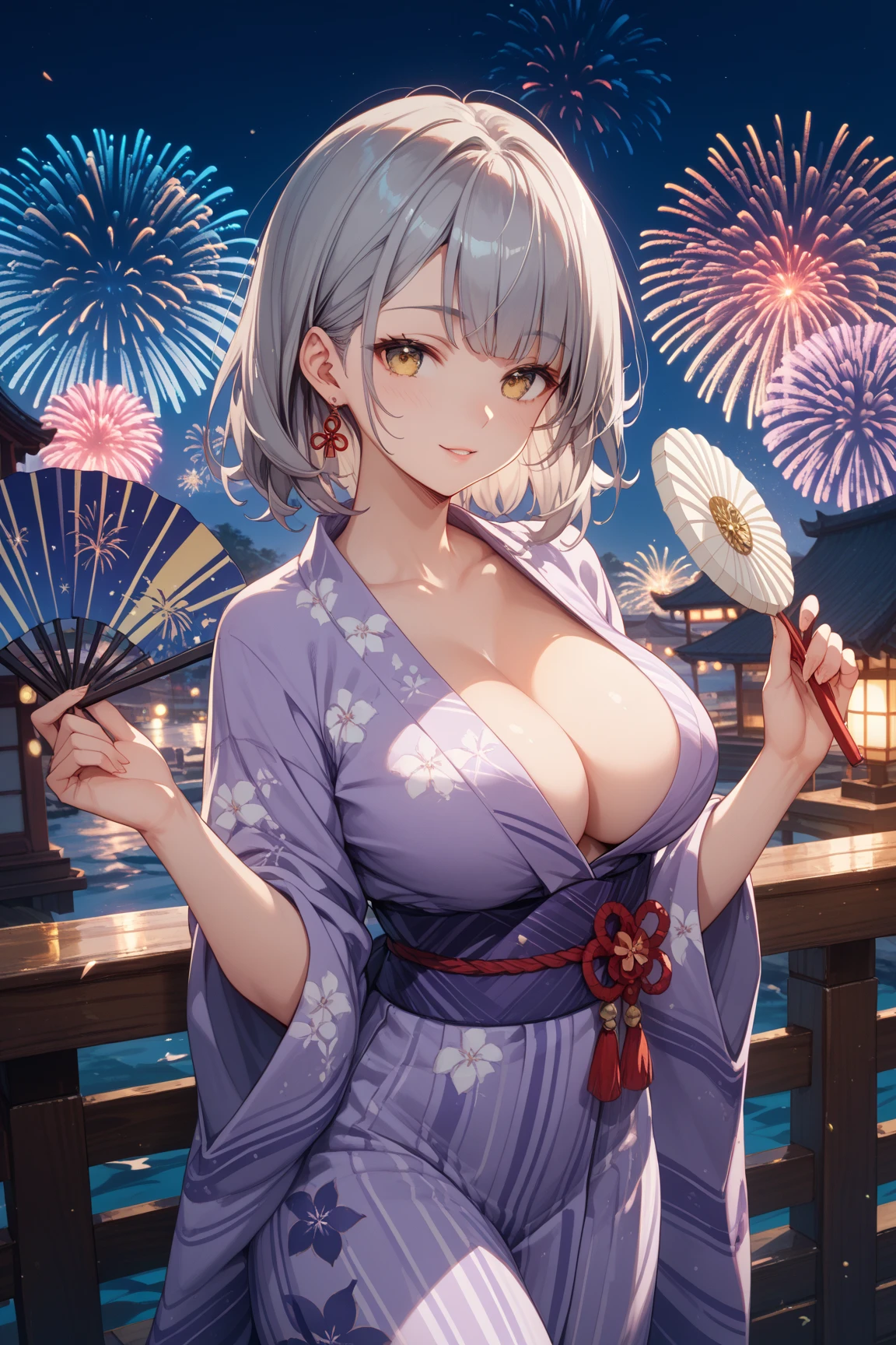 Ultra HD、Masterpiece、Best Quality、Top quality、Extremely detailed image quality、Realistic woman、A big smile、One Woman、45-year-old woman、Married Woman、Plump body、belly button、Long black hair、Shiny skin、Skin that is very shiny after applying oil、High gloss skin、Bursting Busty、Cleavage、(Beautiful patterned yukata:1.8)、Facing forward、The whole body is reflected、Wide Hips, Thick thighs, blush, Open your mouth, Arms behind back, Fireworks display, Riverbank, Are standing