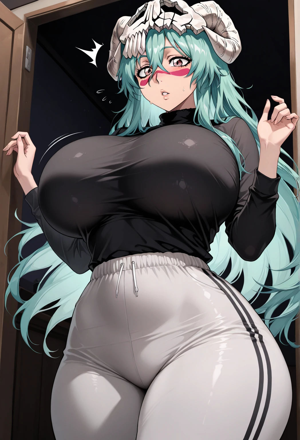 2 heads, a tall woman with two heads. In a bedroom. Wearing tank top. Cleavage. Wearing black skirt. Thigh socks. Adorable cute face. Long turquoise hair, wearing beanie. Slutty, nerdy, large circular glasses. Huge thighs. Sexy. Slim. Tattoo on breast. Excited, happy. Huge butt, giant ass. Enormous butt, massive thighs.