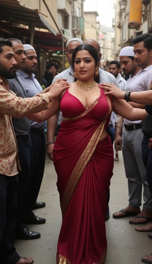 Hot Indian woman wearing saree, standing in market, reveals breasts, big breasts, the market is full of crowd, crowd market with a nude indian women, pretty face, lovely eyes, red lips, georgeous, detailed hair, holding blouse, her saree is falling down, sexy body. HIGH quality, highly detailed, detailed skin, thick and hot body, sexy face, wearing traditional jwellery on hands and neck. (NSFW), low angle photoshoot, people in background, ((thick body)), 2, massive , people around her, (a queen), ((thick body)), hot and thick, thickness, thick sexy, posing, style pose, holding saree, ((crowd area)), (((crowd market))), naked woman surrounded by men, ((shameful face)),