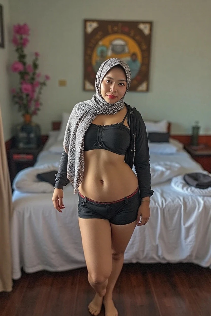 ((HIJAB)), ((YELLOW LINGERIE)), ((SHORT HIJAB)), Portrait photo of a matured chubby malay girl, curvy, (laughing:1.2), hijab,malaysian, posing, look at a camera, nerd, wear white shirt and short pleated skirt, full body, room background, big breast,nighttime, backlit, epic realistic, hyper detailed, detailed skin texture, mole below eye, natural skin texture, mole in body, insane details, intricate details, accent lighting, soft volumetric light, bokeh, (dramatic light:1.2), (neutral colors:1.3), cross process, living room background, ((detailed realistic face and eyes)), good lighting, 8K resolution, Legs Wide Open, spread Legs, lying on bed, Liquid from the Crotch, Blushing, fat,