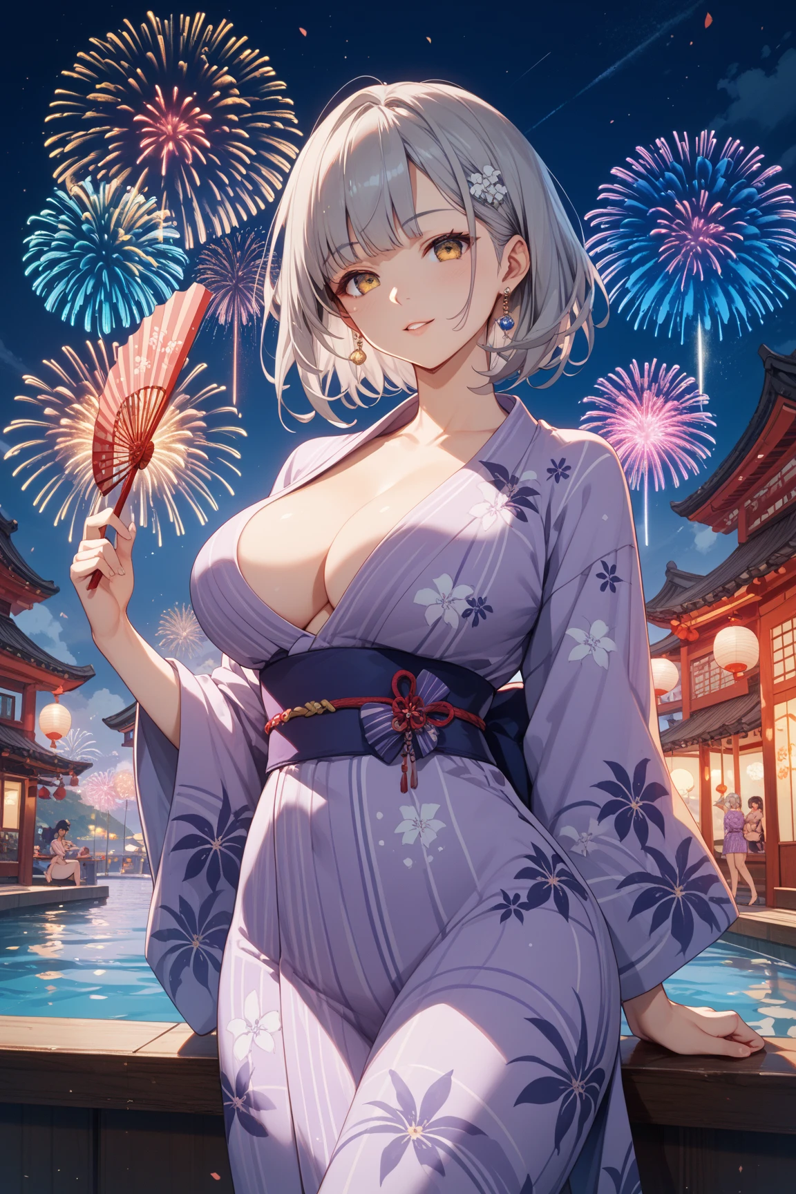 (masterpiece, Highest quality, Super detailed),One girl, Beautiful Eyes, View your viewers, From behind, Cowboy Shot, (Festivals、stall、firework、Colorful lights),Outdoor,road, walking, crowd, night, lanthanum, food, paved, 横断歩road, paper lanthanum, lamp post, night sky,(Silver braided short bob, Soft curves、Large Breasts、A fascinating body,yukata:1.1),((super fine illustration)),((cute eyes,highly detailed skin)),((smile)),((yukata))