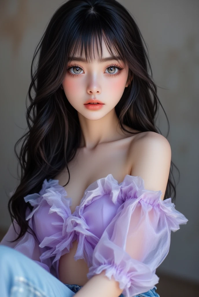 A wonderful masterpiece of high quality and precision featuring Marni. Big sleepy eyes, Watery eyes、Glowing under dim light. Black hair, Lots of hair, Untidy hair, Head and shoulders only, Magazine style, Pink Al-Ali, Russian girl, Excessive realism.