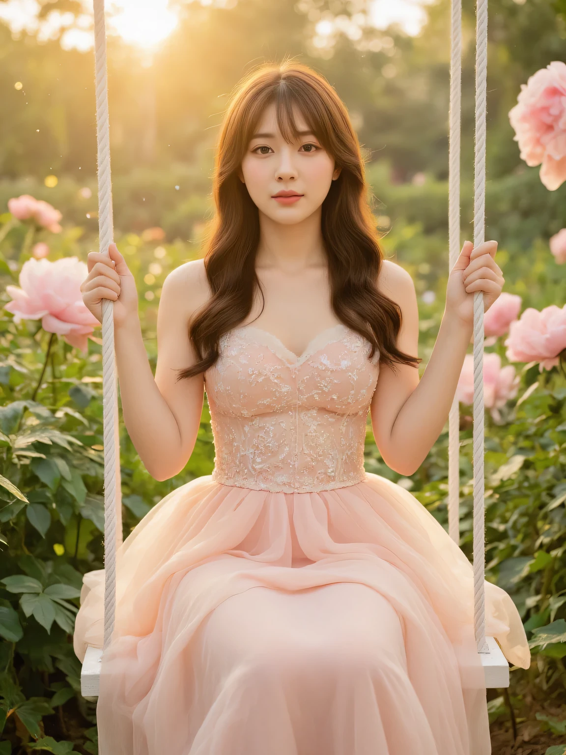 A hyper-realistic full-body portrait of a beautiful young Asian woman with flawless fair skin and long wavy brown hair. She is sitting front-facing on a vintage white swing, gracefully posing with her hands resting on the ropes. Her expression is calm and enchanting. She is wearing a pastel pink ethereal fairy gown with layers of soft tulle, delicate floral embroidery, and a softly glowing skirt. The scene is set in a magical garden filled with giant glowing peony flowers, dreamy mist, and sparkles. Warm, golden ambient light surrounds her, with soft bokeh and a fairytale atmosphere. The white swing is gently hanging from invisible threads or floral arches, blending into the dreamy background. ultra realistic, cinematic soft lighting, divine atmosphere —v 6 —ar 2:3