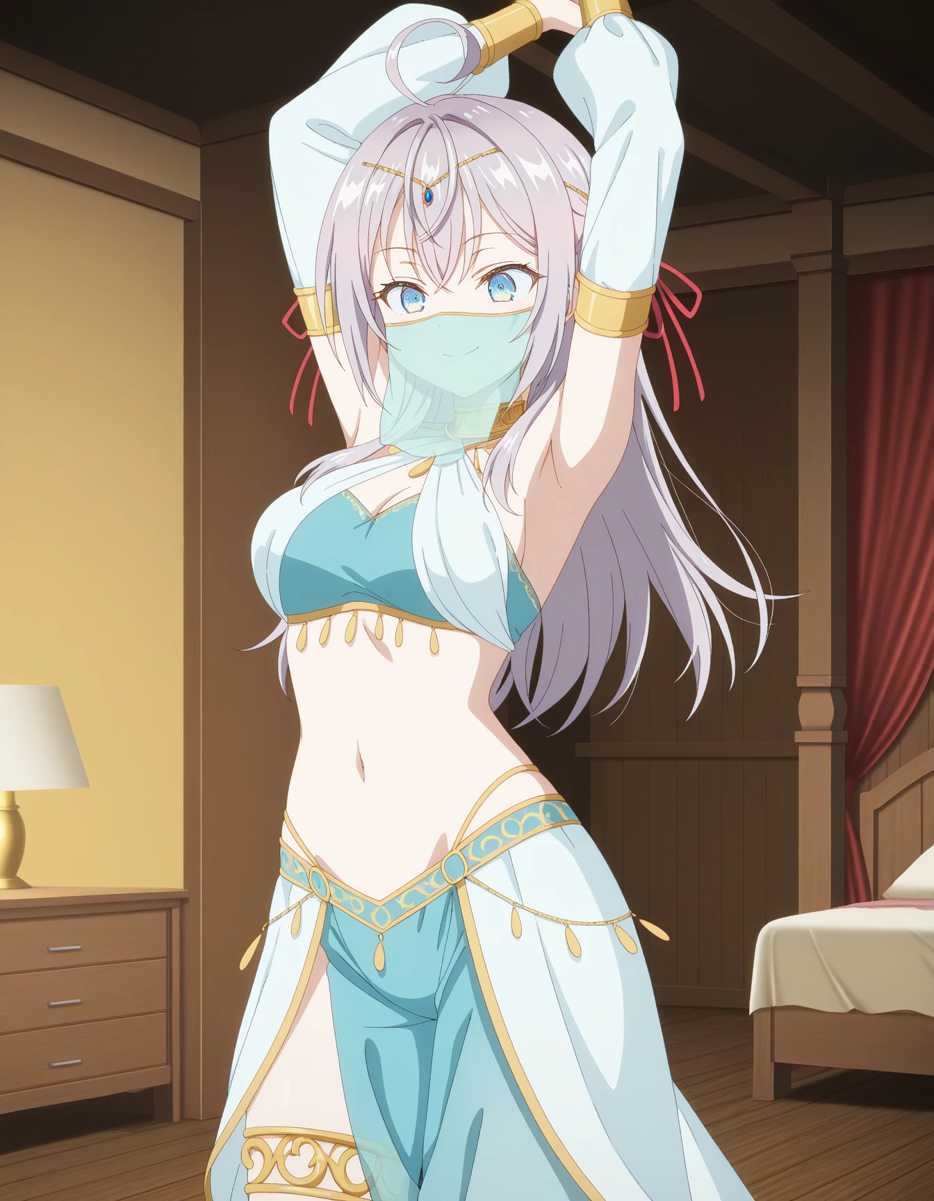 score_9, score_8_up, score_7_up, rating_safe, 1girl, solo, MahiruShiina, otonari no tenshi-sama ni itsu no mani ka dame ningen ni sarete ita ken, shiina mahiru \(otonari no tenshi-sama\), yellow eyes, blonde hair, long hair, straight hair, medium breasts, revealing clothes, harem outfit, mouth veil, collarbone, halterneck, criss-cross halter, necklace, detached sleeves, bracelet, bare shoulders, navel, hip vent, harem pants, barefoot, cleavage, from above, wariza, hands on lap, breasts, looking at viewer, looking up, bed sheet, red curtains, pillow, blush, smile, half-closed eyes
