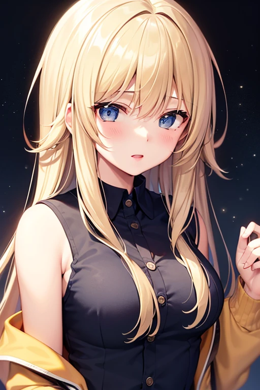 1girl, outdoors, beach, evening, sunglare, light smile, dynamic shot,medium shot, upper body、((turtleneck shirts:1.3)).(black turtleneck shirts:1.3)、(blonde hair.)、((arms behind back:1.5))、(well-proportion)、(looking at viewer)、(black eyes:1.5)、((best quality, masterpiece,,Highest quality、High resolution,8k,ultra-detailed face,アニメ,ultra-detailed eyes,ultra-detailed hands,ultra-detailed fingers,ultra-detailed eyes, ultra-detailed hair, ultra-detailed hands,shiny skin, Silky Pale White,ultra detailed and beautiful, Model Pose))