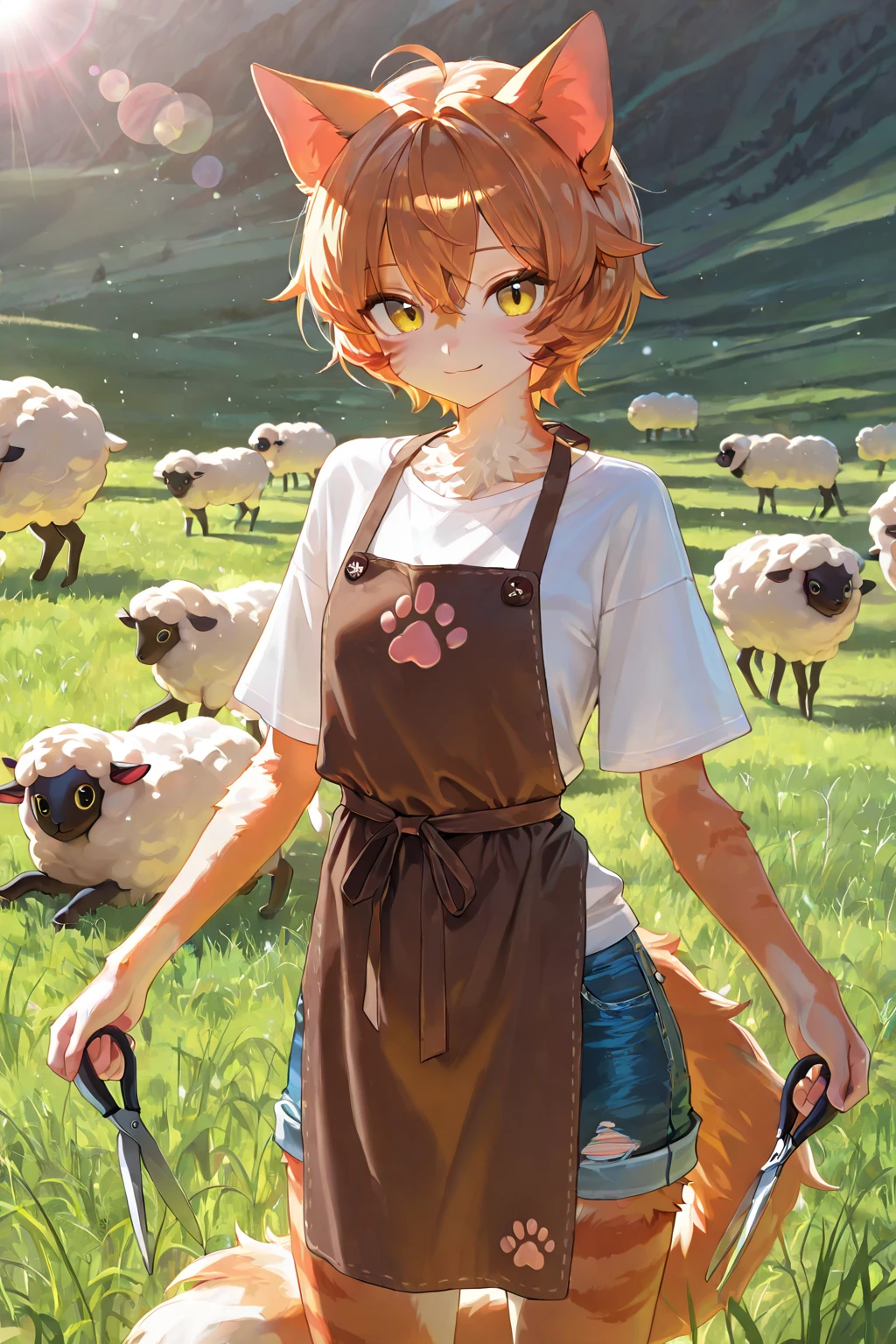 Short busty bunny wearing only a red apron, brown fur, Wheat field, looking into the distance, от bebebebebe, by Spydjeks, by SpikedMauler