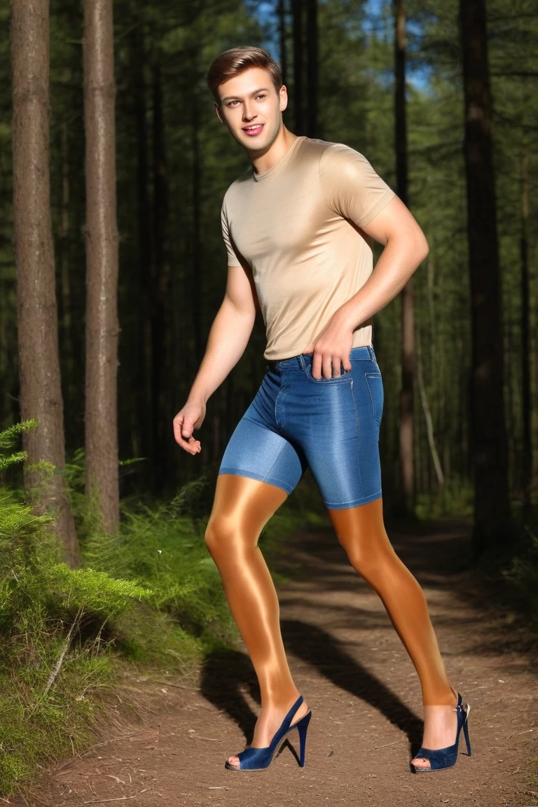 very tall lanky male with a goblin nose and huge feet, wearing a thong, standing by the river dipping his toes into the water