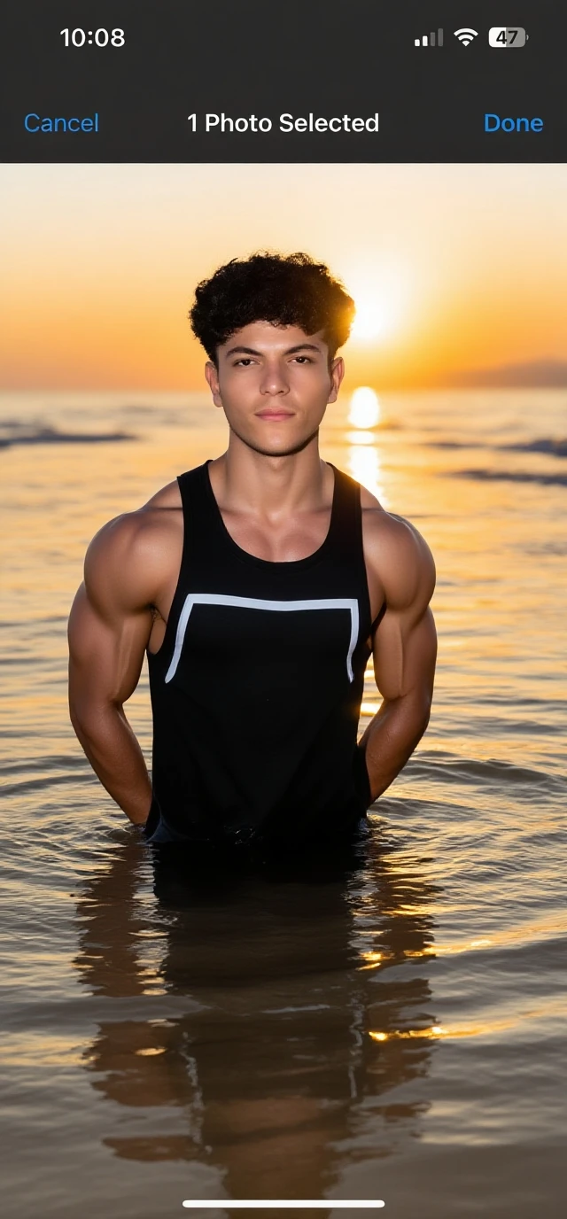 Very tall, strong 18 year old with broad muscular shoulders and big arms, small waist and an attraxtive athletic build, shirtless at the beach, NSFW