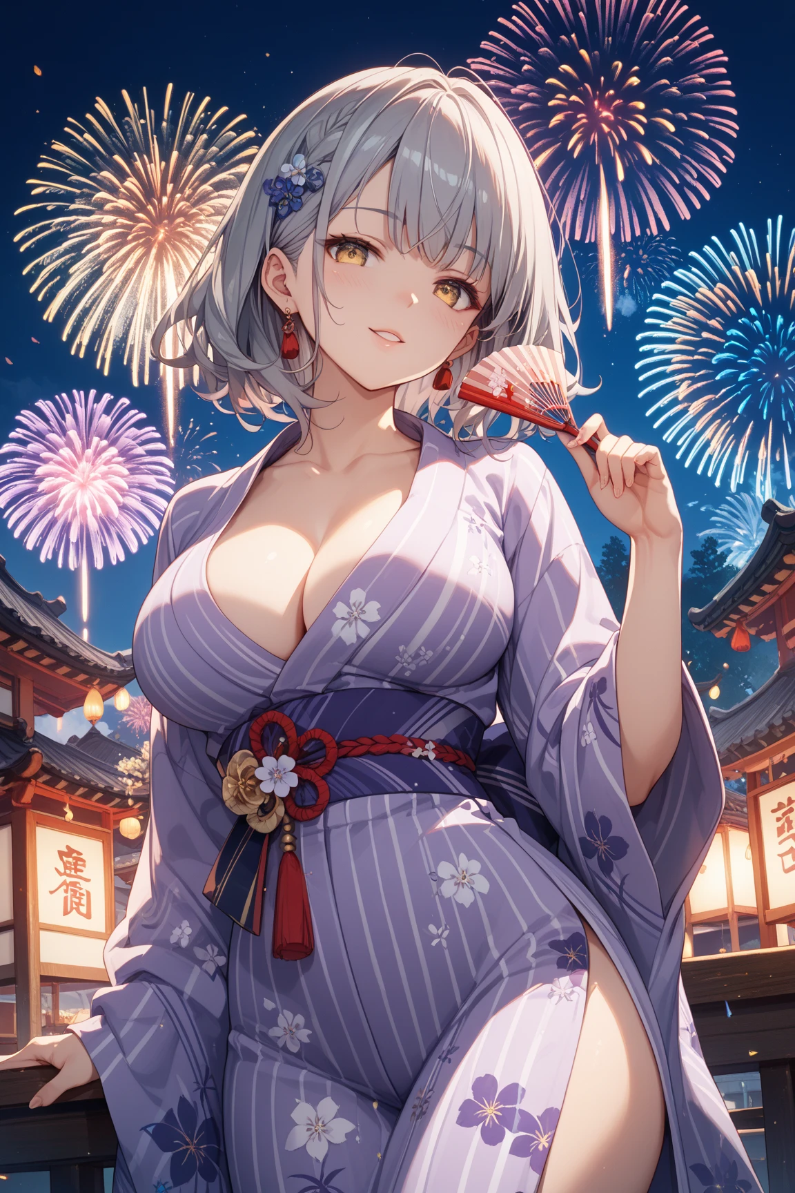 best quality,4k,8k,highres,masterpiece:1.2),ultra-detailed, extremely detailed eyes, extremely detailed body, (large masterpiece digital art), (detailed manga illustration), (detailed line art), ((perfect anatomy)), (intricate details:1.3), (ultra-detailed:1.3), (illustration:1.3), (sharp focus:1.3), (natural lighting:1.05), (vivid colors:1.3), (masterpiece), best quality, expressive eyes, perfect face, 1girl, animal ears, bare shoulders, {blue eyes}, blurry, bracelet, breasts, choker, cleavage, cowboy shot, depth of field, festival, fireworks, heart, heart choker, Japanese clothes, jewelry, kimono, large breasts, looking at viewer, mask, mole, mole under mouth, obi, off shoulder, parted lips, rabbit ears, ribbon-trimmed legwear, ribbon trim, sash, short hair, white hair, short kimono, short yukata, skin dentation, smile, solo, thigh-highs, Viera, dark skin, wide sleeves, green yukata, blue eyes, cinematic lighting, warm atmosphere,