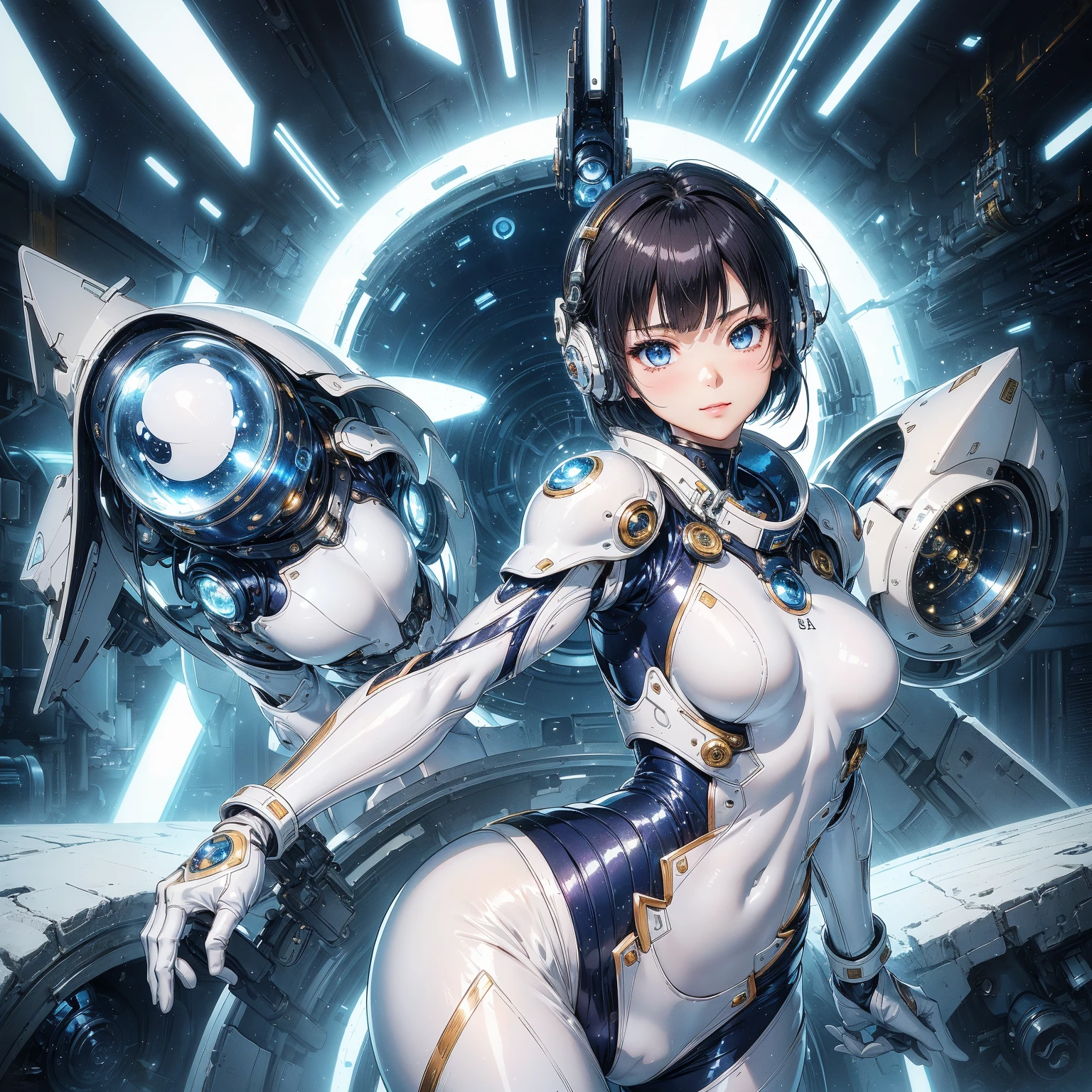 (masterpiece、highest quality、highest resolution、clear_image、detailed details、Angle from above): (full body figure、One 20 year old girl、Japanese faces、small face、Slender、Navy blue super short bob cut hair、(hidden small breasts:1.3)、sparkling blue eyes、Shiny pilot suit in blue and black colors、armor that protects the chest、tight fitting clothes、clothes that cover the whole body、shiny clothes、tight fit pants、hide the skin、very delicate and beautiful、detailed skin、hide thighs、hide your butt、cute type、gentle smile、soft expression、heroine、headset、Knee-high boots、gloves up to the elbow、eye level shot、facing directly、woman on a spaceship)