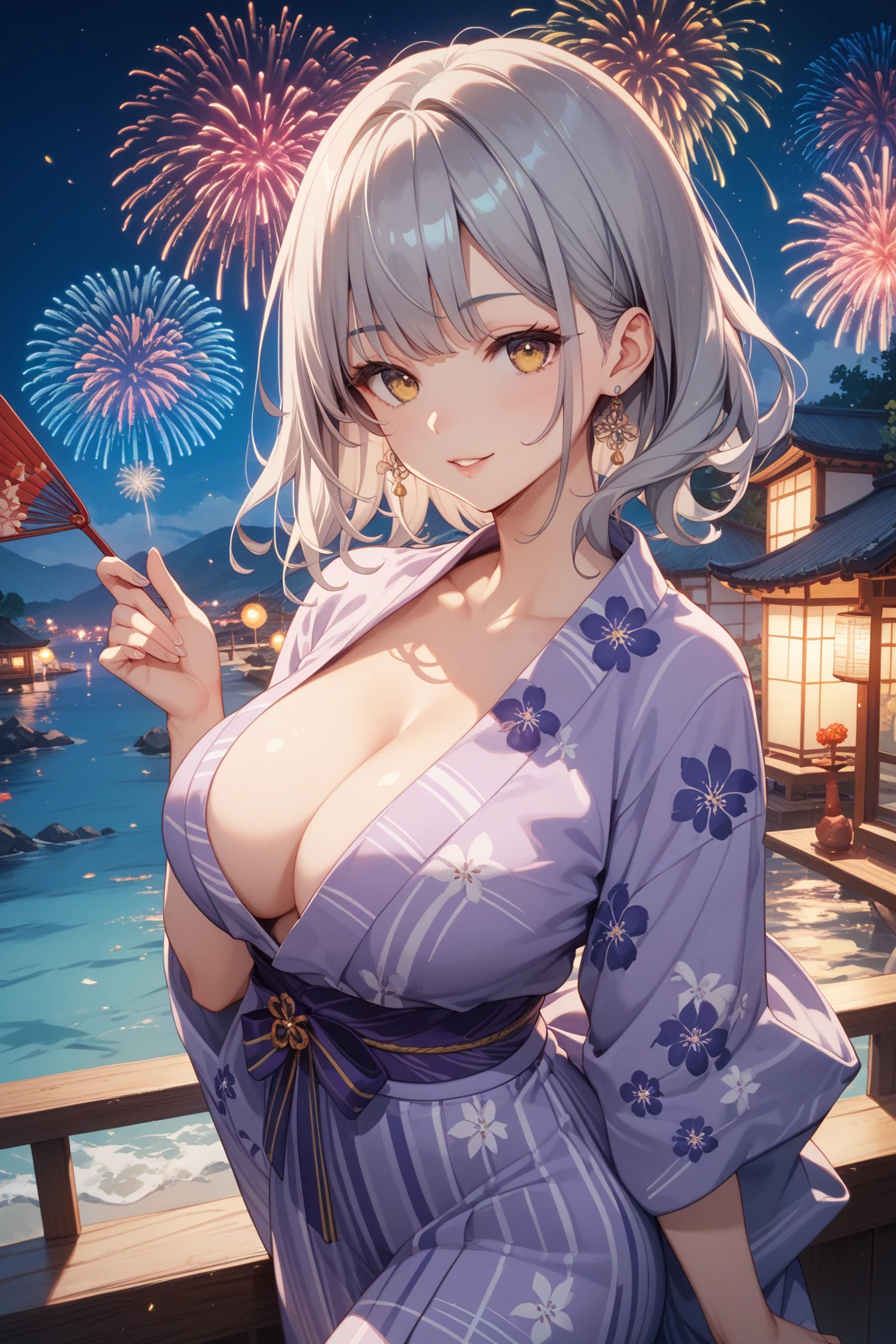 ((One personの女性)), hyper detailed, absurdres, 8K, Pretty face, Beautiful Face, (Laugh shyly), (Captivating smile:1.4), ((Wink:1.5)), ((Tilt your head:1.1)), Laugh with your mouth wide open, Upper teeth, View your viewers, ((Doing sexy poses:1.3)),((Holding a fan in one hand:1.3)), ((full-face brash:1.4)), Glossy Red Lips, ((Big Breasts:1.3)), Night Port, Sea view terrace, firework, Glossy Red Lips, (Shining Face), ((Anime style background)),masterpiece, Highest quality, so beautiful,Latest, Complex details, (long nails of red color), (nail art), (ring),(bracelet),(Floral Choker), AI-generated, Complex,High resolution, Highest quality, super high quality,3D Images、3D Images,One person,Long white hair,High Ponytail, Anime woman posing for a photo, ((Silver Eyes:1.7)), ((Fine grain、Light blue eyes、Shining Eyes:1.4)), (Squint your eyes:1.1),a hyperRealistic , hyperRealistic , Realistic,Long white hairのアニメ女性, Smooth anime CG art, (A woman in a colorful kimono with gold embroidery), ((Black kimono:1.5)), Red floral pattern,Long flower hair ornament,Floral Earrings,((black high heel sandals)),Mature Body,Tall,Abdominal muscles,Tight waist, ((full body:1.3)), (dutch angle:1.3),