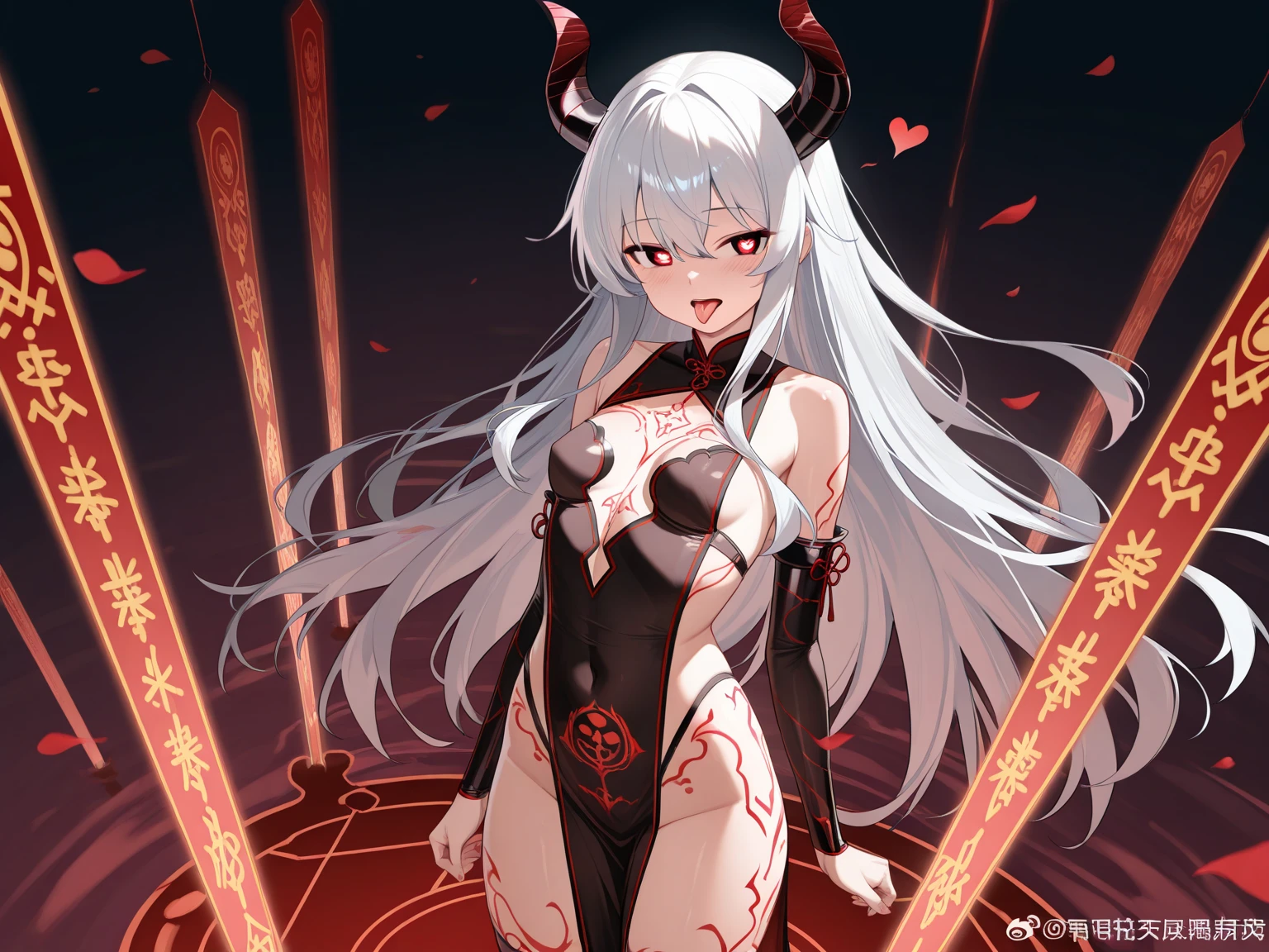 (Ashen Hard Style:1.4), masterpiece, 最high quality, high quality,(Glows dark red、The eyes are also red、darknessに囲まれた暗い形のない生き物:1.2), (In your profile), (darkness:1.2), Abstraction, deep sea, Award-winning photography, Depth of written border, High resolution, Very detailed, Art Station Trends, CGsociety Trend, Complex, High detail,(masterpiece:1.2, 最high quality), (Best lighting, Very delicate and beautiful), (Best lighting, Very delicate and beautiful), (Beautifully detailed face), (Small eyes and a small face:1.2), Dark fantasy, (Young girl, Little Beast, 1 girl, alone, Crazy Smile, White skin,19 earrings,((whole bodyの入れ墨,Tribal tattoos all over the legs)) Gray Hair, Glowing red eyes, Dynamic Angle, vampire), (get chains, magic circle, Graffiti on the wall, background)),devilを召喚する), Magic Thunder, sharp_ear, teeth,devilの翼,devil'horn,There is blood on the face,BloodRayne,Blood Mist,(Depth of written border),High Contrast,(Blood splatter:1.4),Cowboy Shot,whole body,wearing a black high-leg swimsuit、 Black lace-up thigh-high boots,shout, sacrifice, Magnificent stage