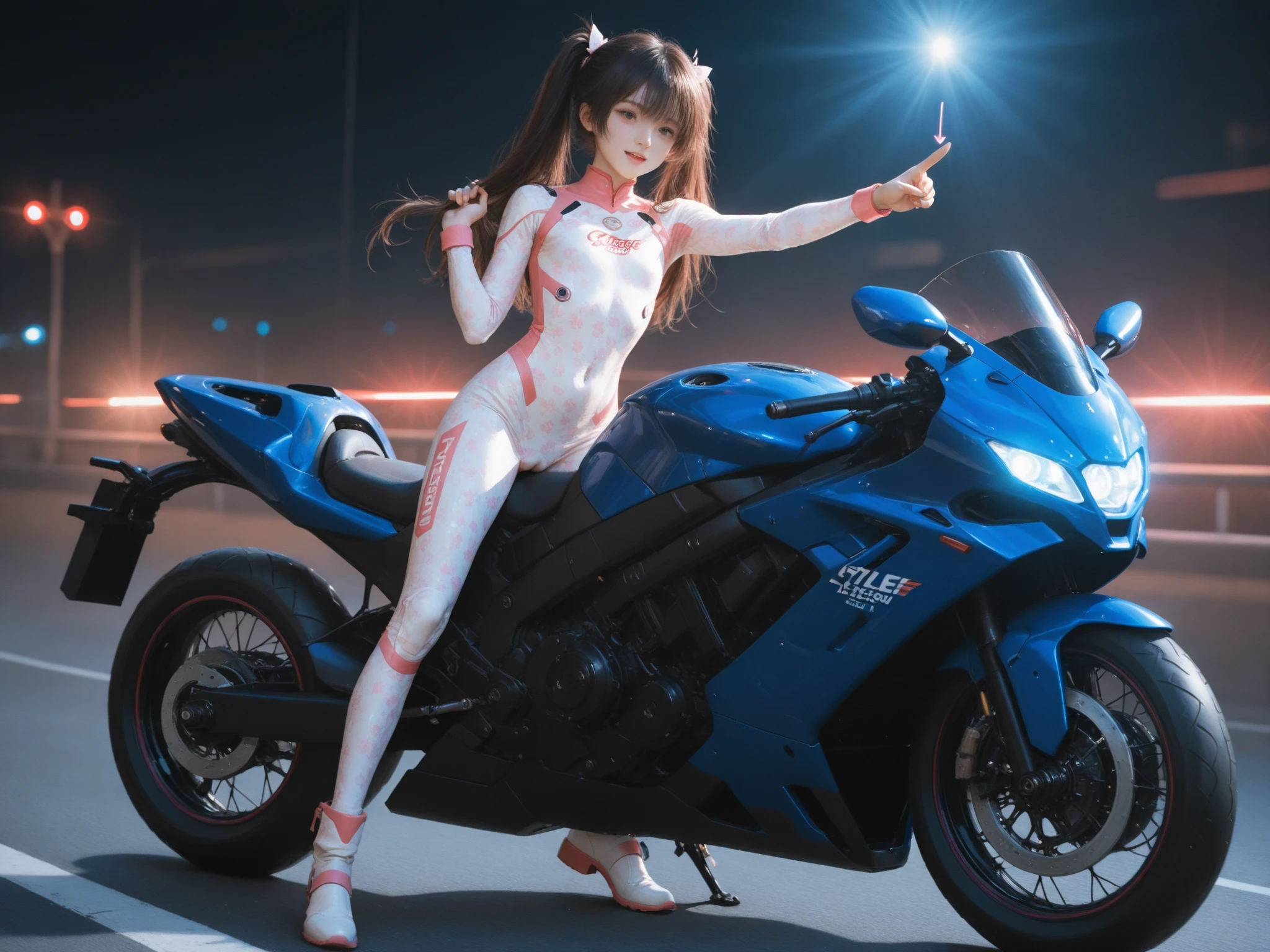 4k, MULHER SEXY, corpo musculoso, cabelo roxo, roupa de couro, segurando espada, Faixa Vermelha,  em motocicleta.