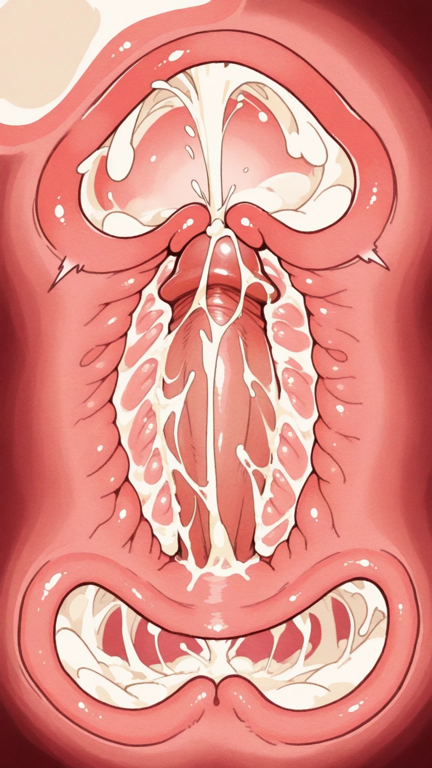 There is a very large heart with a very long vein, detailed hot maw, splattered viscera, inside a cavernous stomach, Borrowed, Black and white sleeve style, arteries, artery, artery, demonic parasite, Giygas, aorta, about to consume you, blood vessels, red fluid, open maw, very vascular, Fluid Simulation, Fluid Simulation, Fluid Simulation