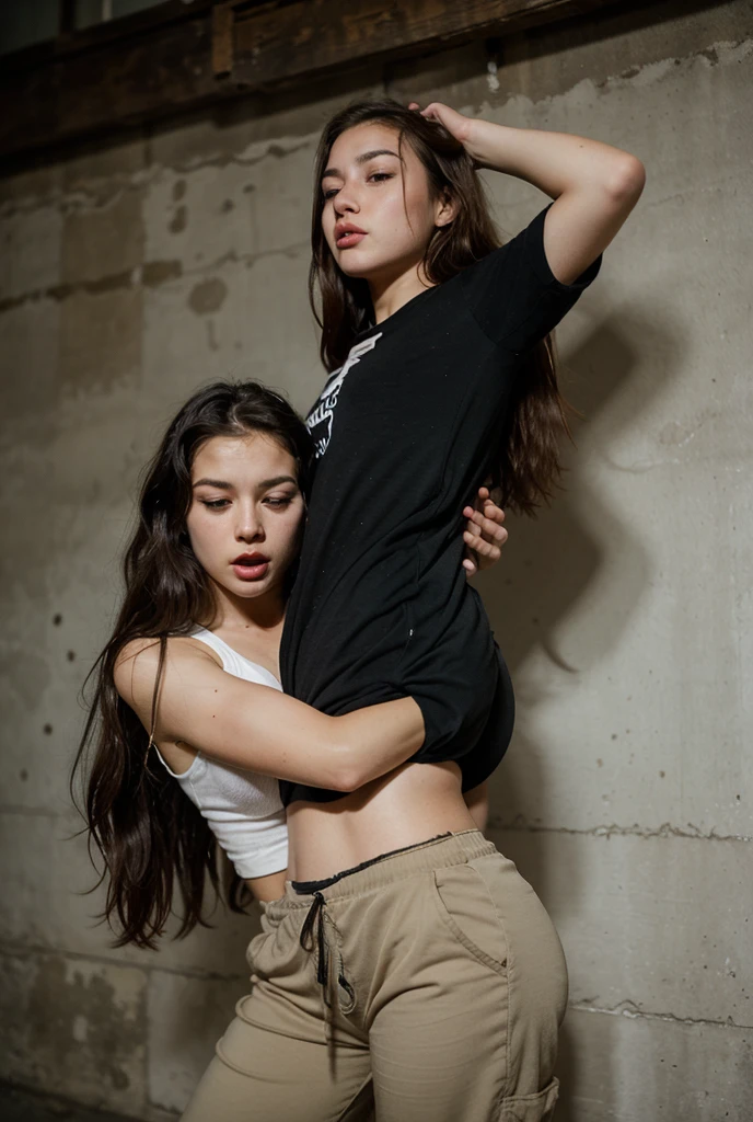 twogirls se kissing, twogirls, baby face, small, outfit, gothic, In school, photo realist, reality, detailded, perfect, good lighting, realistic lighting, ambient lights, se kissing, kissing, whole body, legging,, long hair,