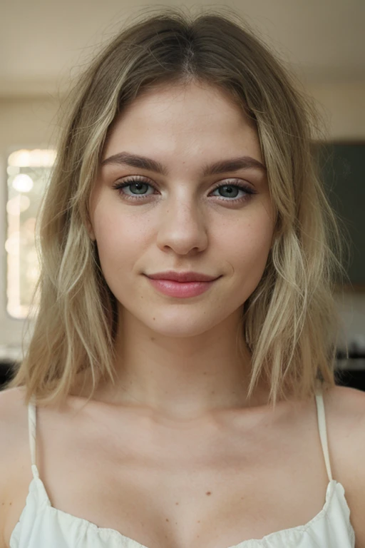 Lily Bowman), posing, modeling stand, with pink casual outfit design, sexy smile, best quality, blur night background with Green Eyes, , Ultra Realistic, Meticulously Detailed, Portrait, Blonde Hair and Big Eyes, Selfie of a Young Woman, Green Eyes, No Makeup, Natural Makeup, Looking Directly at the Camera, face artgram, subtle make-up, Impressive photo, stand, with sexy smile, Medium and large size chest, allowing the face to be seen clearly, night