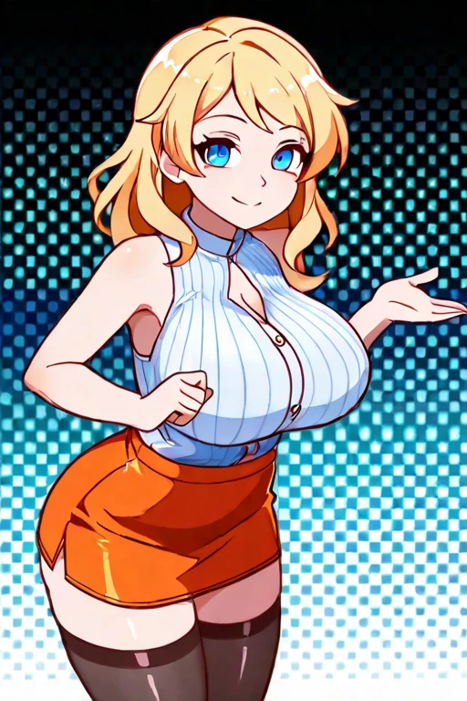 rating explicit, score_9, score_8_up, score_7_up, (source_anime:1.1), 20's, blonde hair, short hair, long bangs, blue eyes, smile, open mouth, blue baseball cap, white tank top, midriff, short shorts, huge breasts, cleavage, covered nipples, blue cross necklace, looking at viewer, thumbs up, full body, monochrome red background, <lora:DisgaeaXL:0.8>