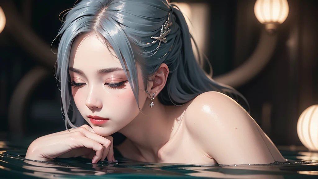 Silver hair, double bun, upper body, standing in water, parted bangs, modern, surreal, film lighting, chiaroscuro, masterpiece, textured skin, high resolution, high quality, high detail, beautiful face, big breasts, obvious cleavage, translucent clothes, falling petals