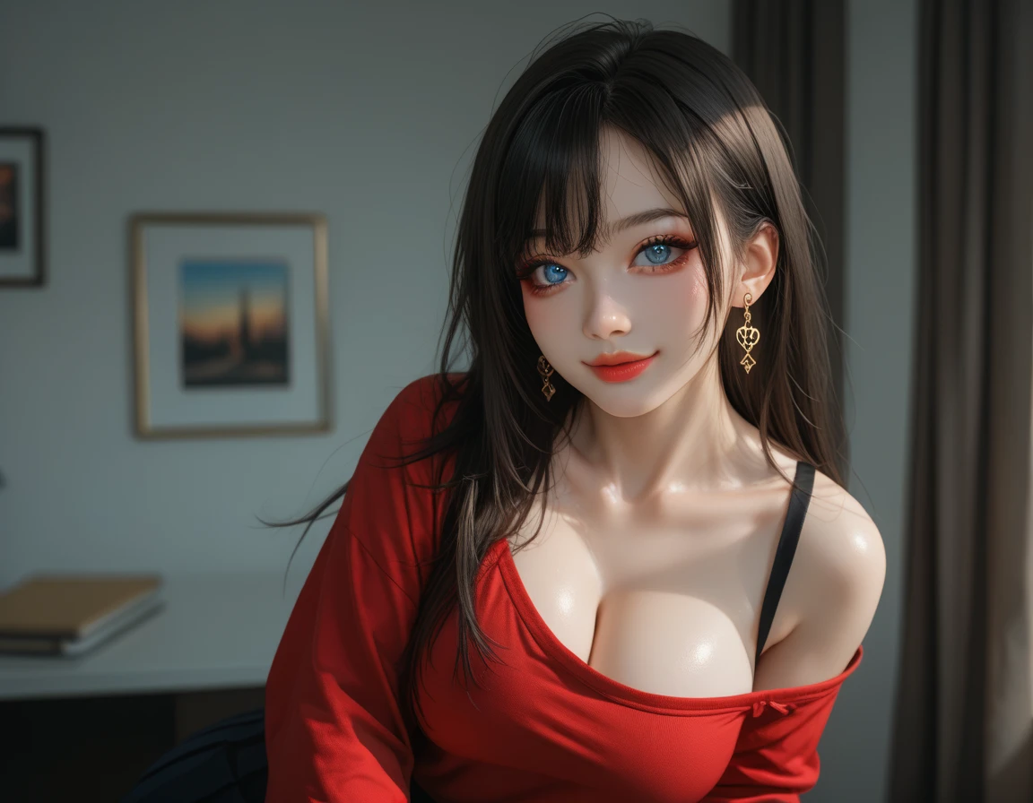 Black hair, red hair highlights, red stripes in hair, long wavy hair, bangs, aqua eyes, red lipstick, red eye shadow, mascara, beautiful face, smiling, blushing, bedroom, naked, nsfw, , , short, small height, slim body, perky tits, slim waist, wide hips, various positions, cum on tits