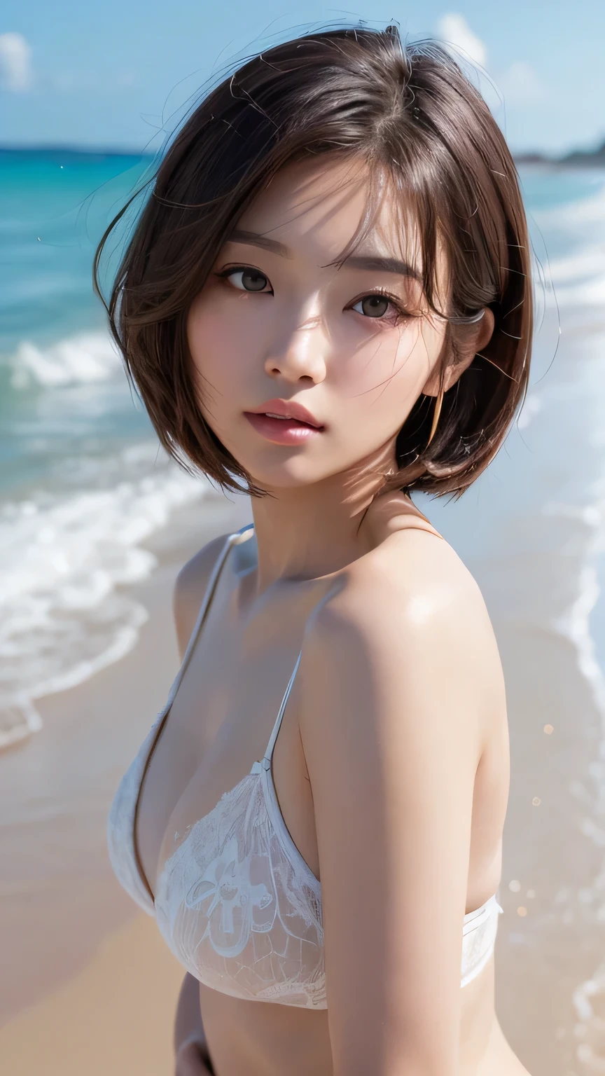 half body portrait，（fidelity：1.4）,（large boobs：1.2）ultra-high resolution，short hazel hair;;;;,Cute smile、cleavage，Outstanding detail，highest image quality，Modern pink lace bikini,mediuml breasts,The sea,tempt, (Realistic), motion picture,
