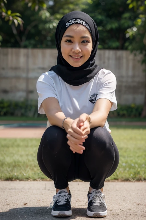 10 years old turkish girl wearing hijab white shirt black loose mini skirt long and beautiful legs white long socks black shoes very beautiful smiling sweet girl in the park high hd image quality