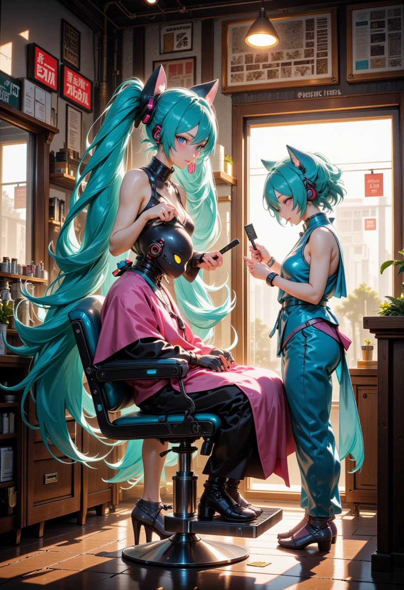 Felicia, blue hair, green eyes, cute smile, happy, big breats, big ass, in a train with a cat theme, sitting in a table drinking coffe.